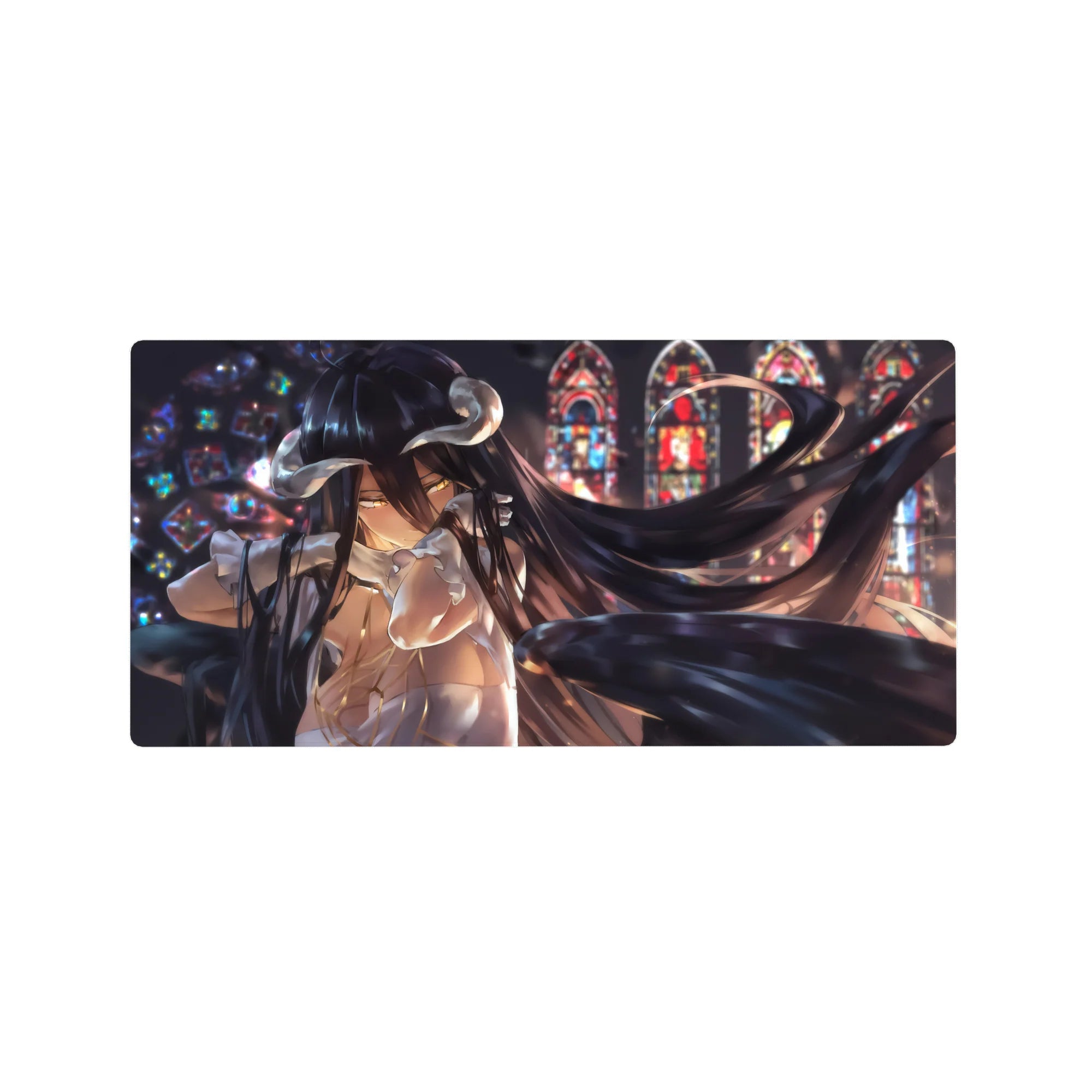 Albedo from Overlord anime on a 32x16 inches mouse pad, depicted in stained-glass with golden eyes and black wings, exuding elegance.