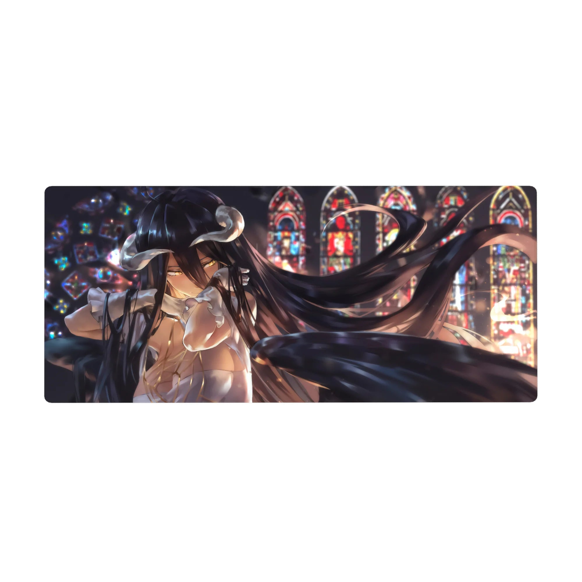 Anime desk pad featuring Albedo from Overlord, 36x16 inches, with a stained-glass-lit design, golden eyes, and black wings.