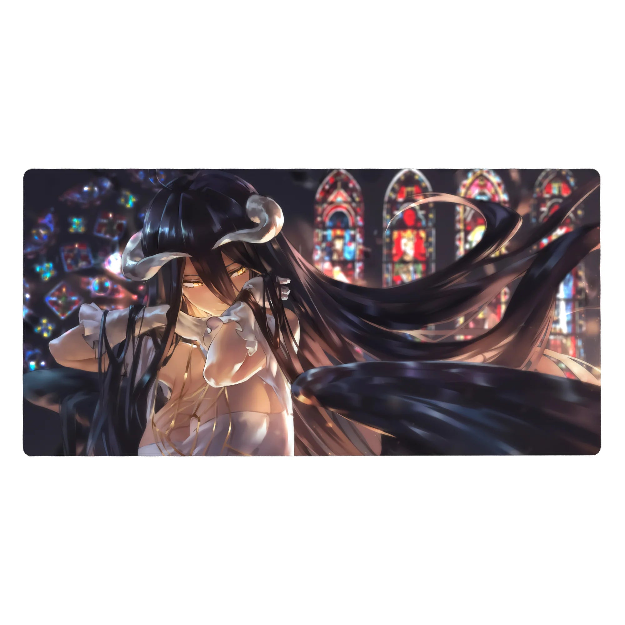 Albedo anime desk pad 40x20 inches; features Albedo's golden eyes and black wings in a stained-glass-lit scene.