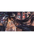 Albedo anime desk pad 40x20 inches; features Albedo's golden eyes and black wings in a stained-glass-lit scene.