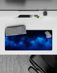 Deep navy and bright electric blues mouse pad, 28x12 inches, calm dreamy cosmic vibe for desk.