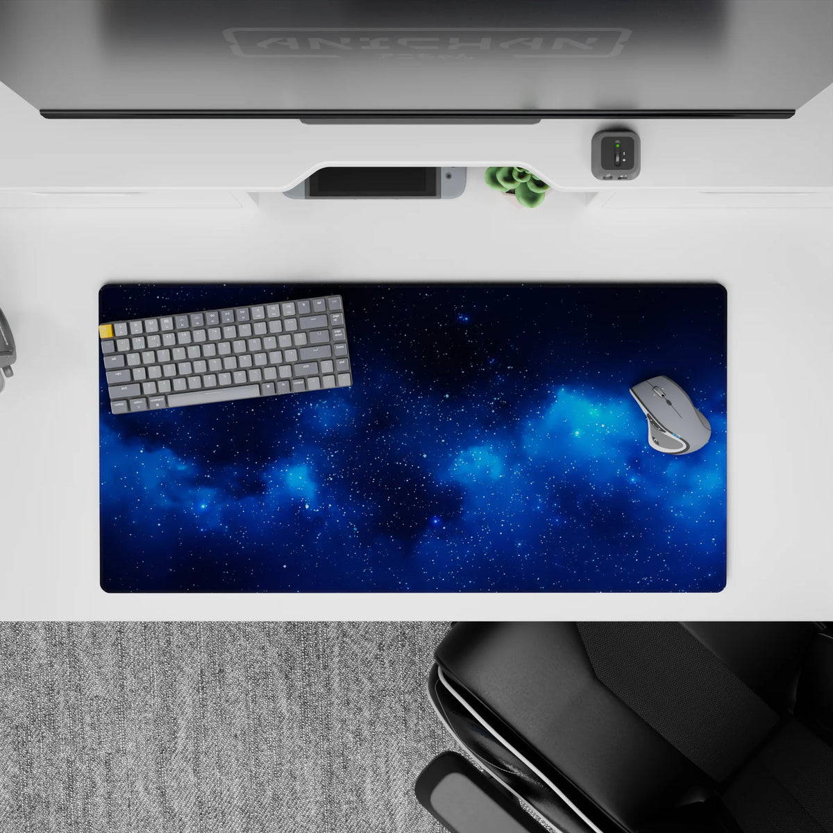 Deep navy and electric cloud hues mouse pad 32x16 inches for a calm, dreamy space vibe desk setup.