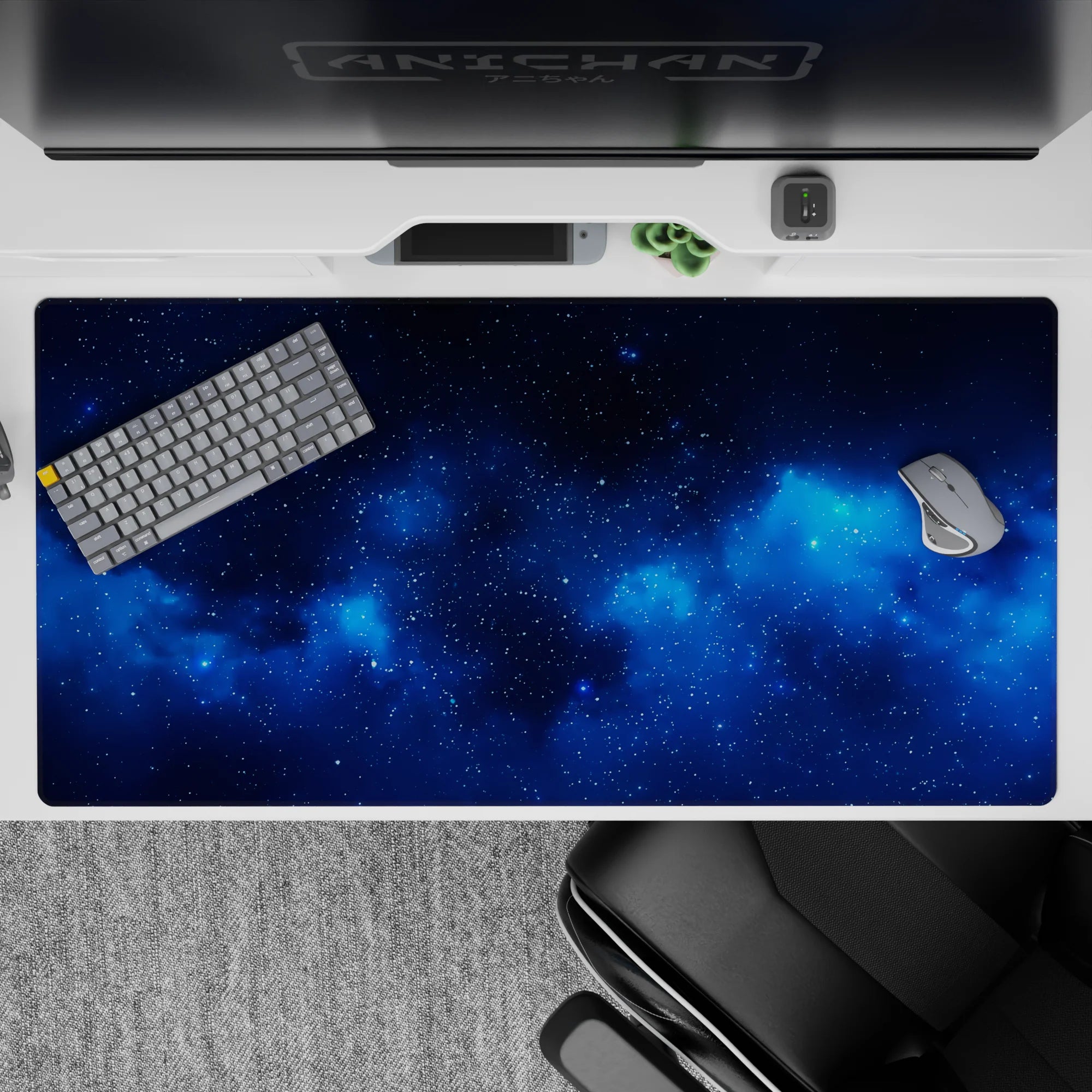 Deep navy and electric blue desk pad 40x20 inches for calm space vibes with subtle glitter-like specks.