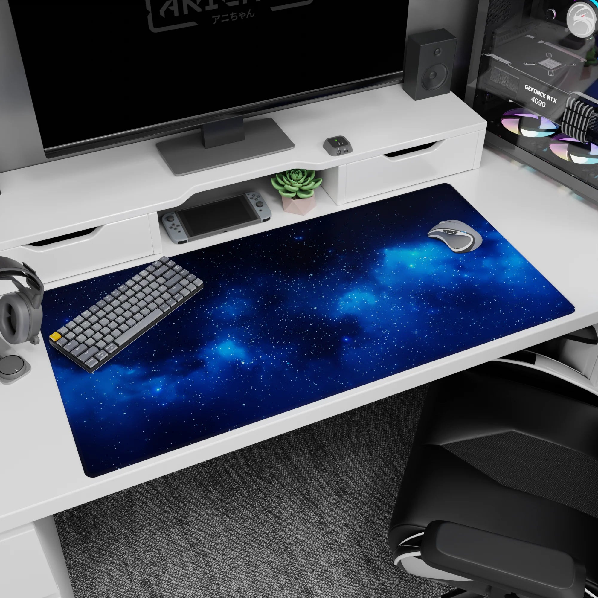 Starry nebula scene desk pad 40x20 inches featuring tiny comet-like specks across a midnight sky.