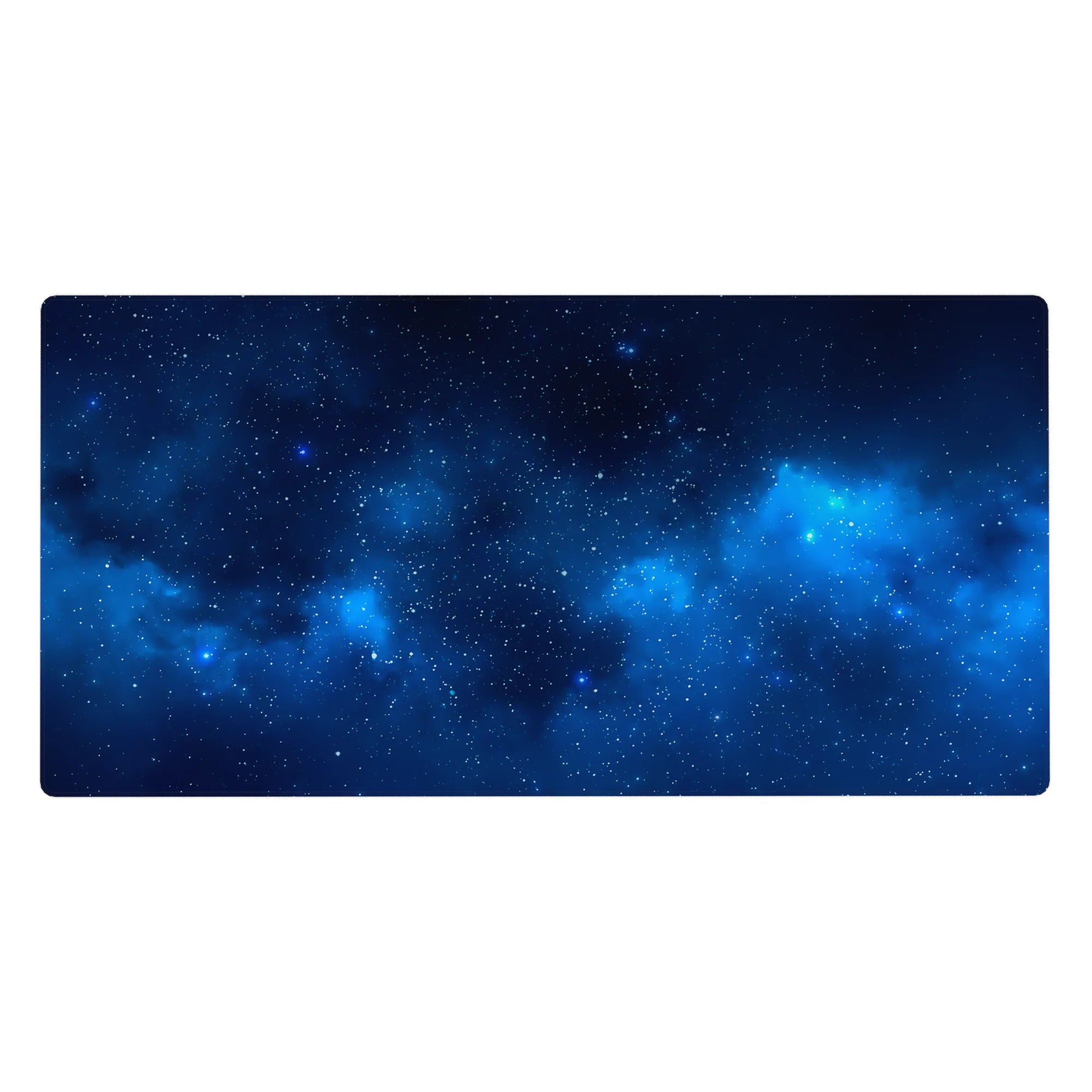 Midnight galaxy desk pad 40x20 inches with star-speckled nebula clouds on deep navy background.