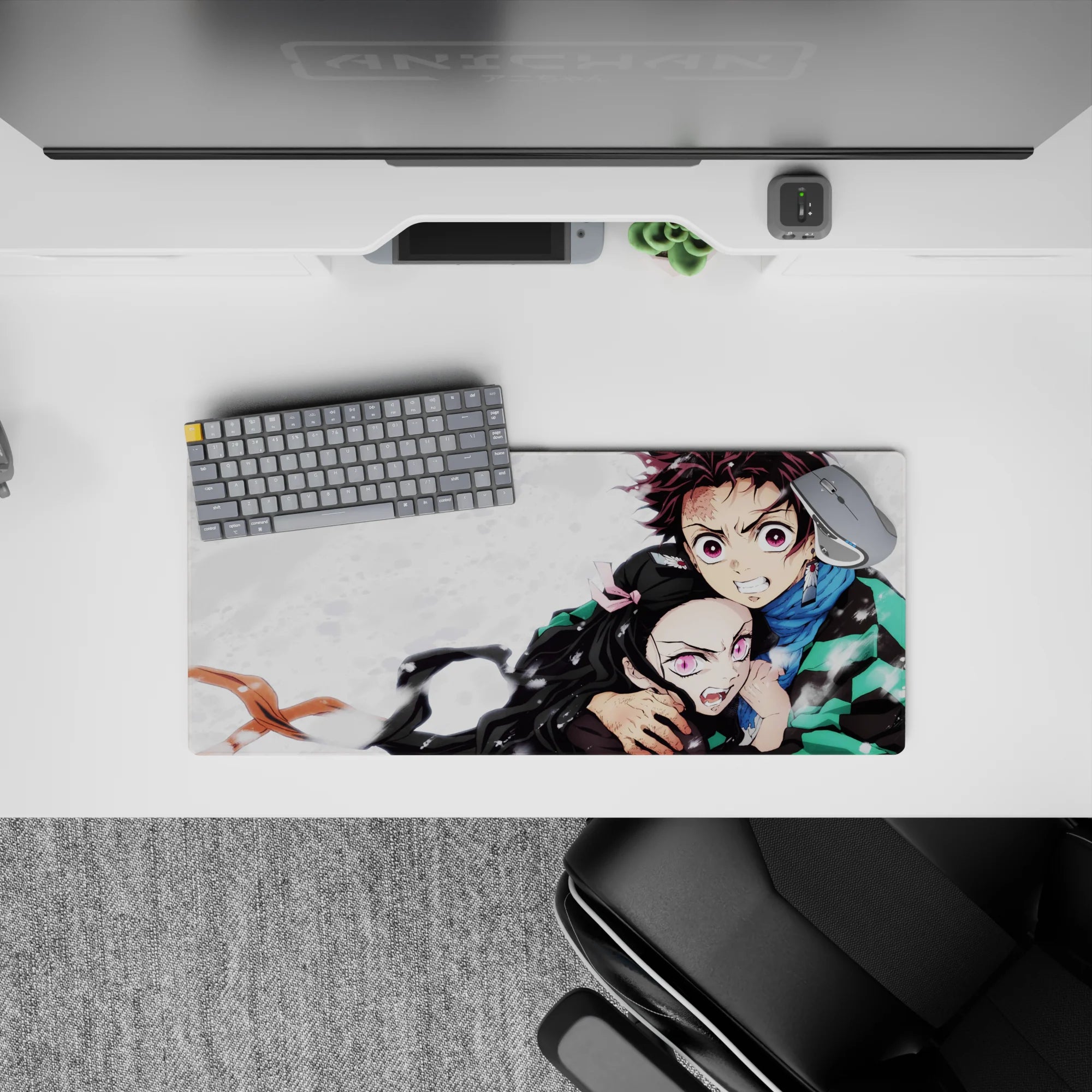 Tanjiro and Nezuko 28x12 inch Demon Slayer anime mouse pad, showcasing sibling bond and fierce protection amidst chaos.