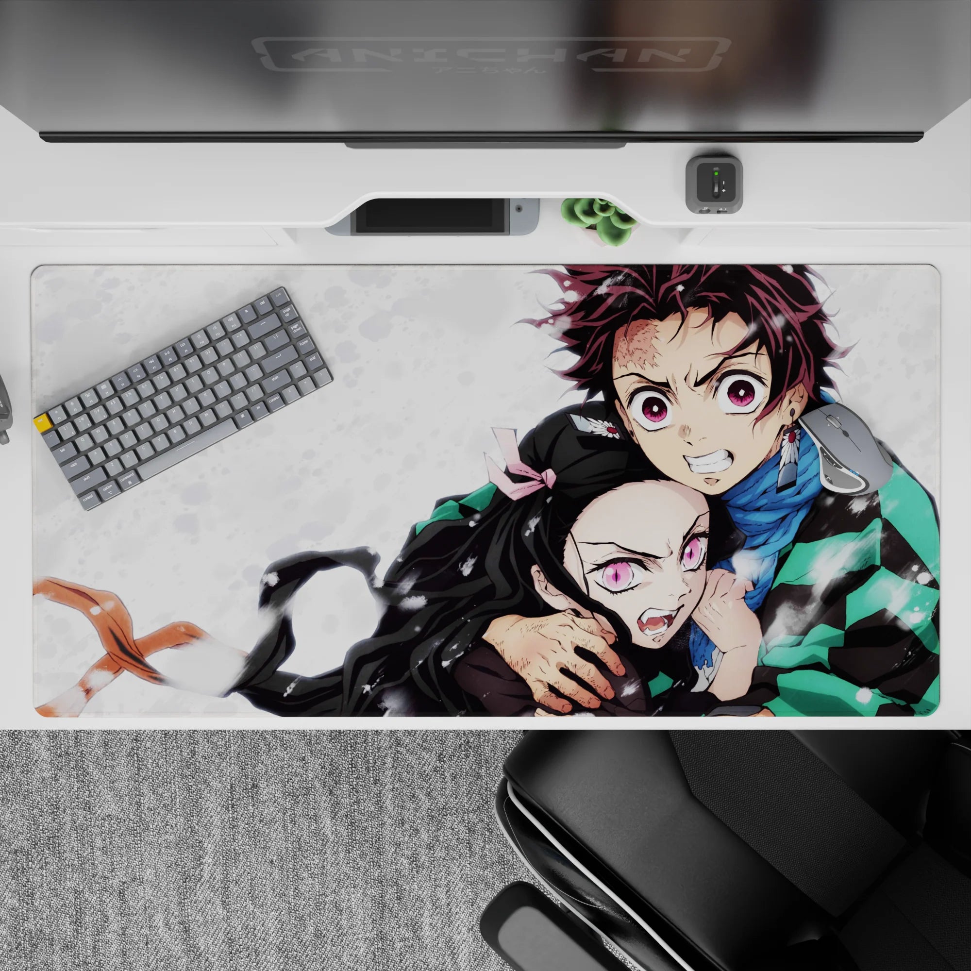 Tanjiro and Nezuko Demon Slayer anime desk pad, 40x20 inches, capturing sibling bond, protection, and fierce loyalty.