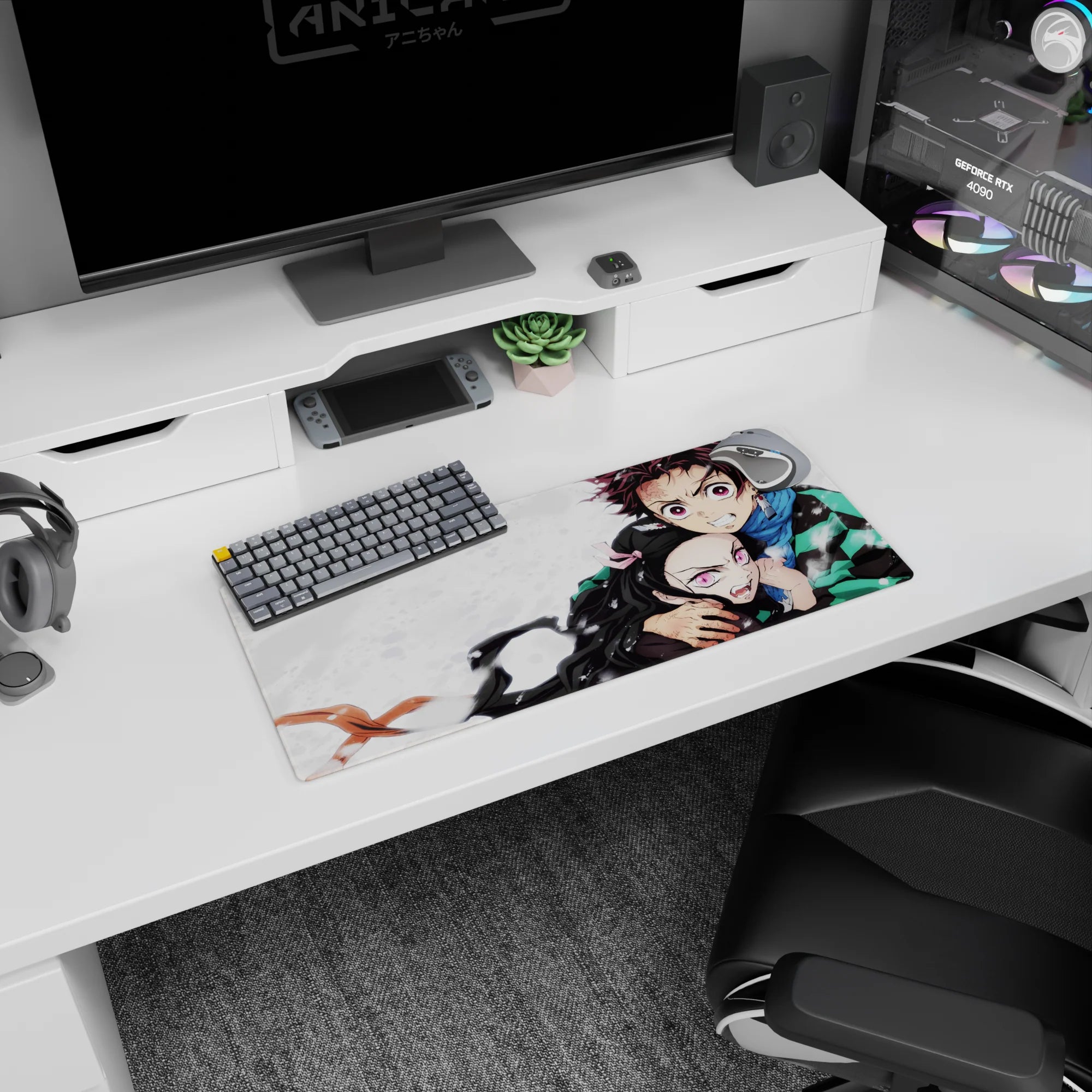 Tanjiro and Nezuko on 28x12 inches Demon Slayer mouse pad, showcasing sibling power and loyalty with vibrant colors.