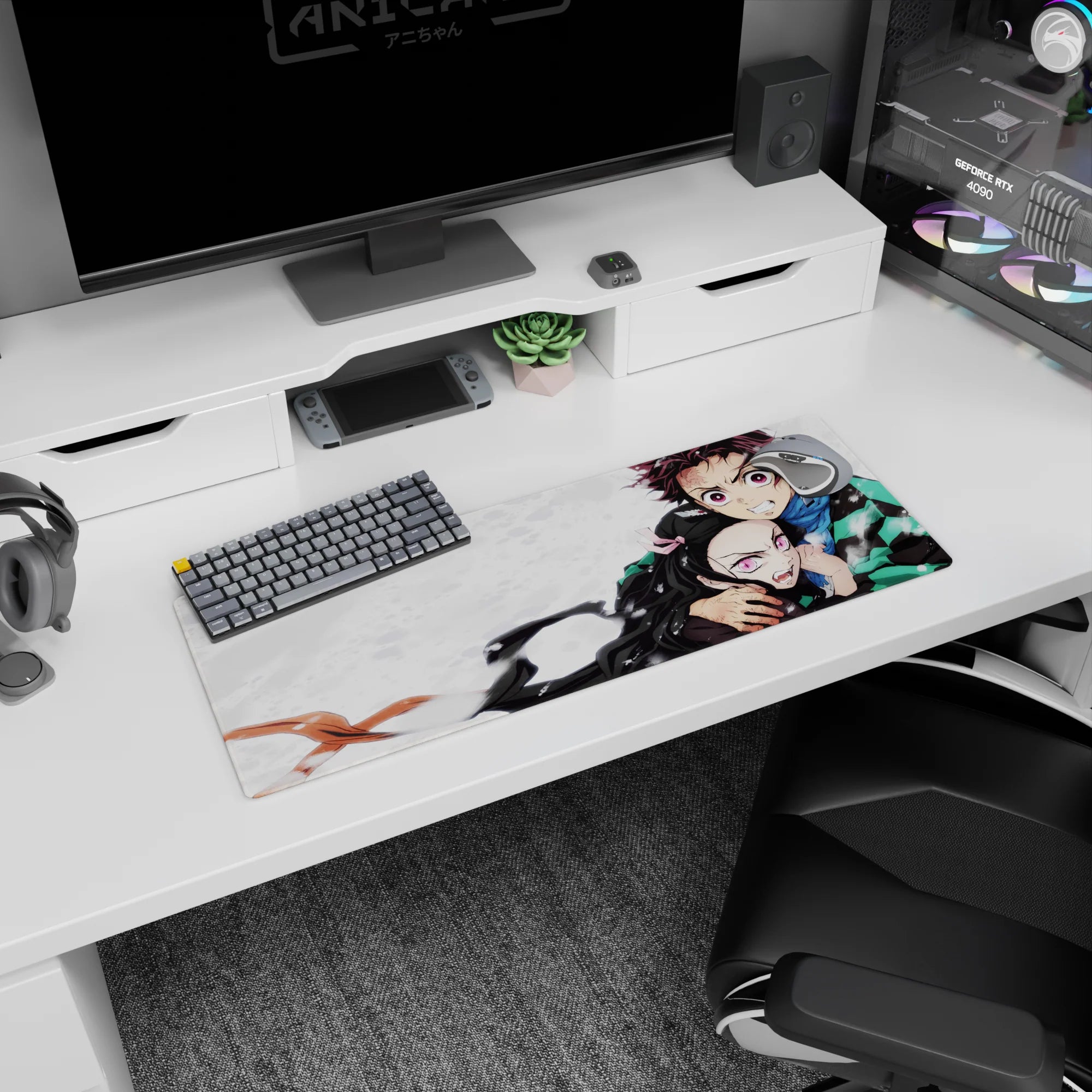 Tanjiro and Nezuko on 32x12 inch anime mouse pad from Demon Slayer, showcasing sibling bond and intense emotion.