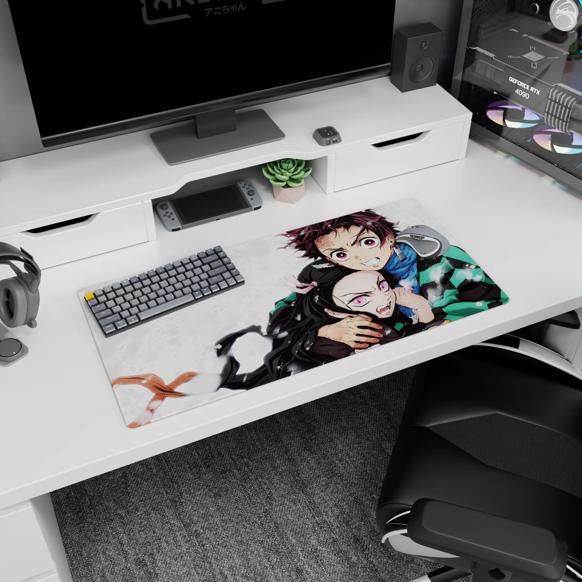 Mouse pad featuring Tanjiro and Nezuko from Demon Slayer, size 32x16 inches, showcasing sibling power and fierce loyalty.