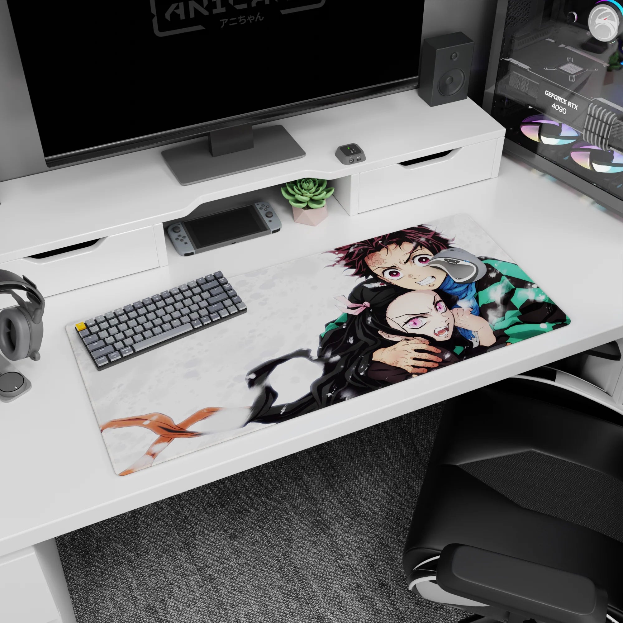 Tanjiro and Nezuko Demon Slayer desk pad 36x16 inches, featuring vivid anime characters with emotional intensity on canvas.