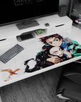 Anime desk pad 40x20 inches featuring Tanjiro and Nezuko from Demon Slayer, showcasing protection and sibling loyalty.