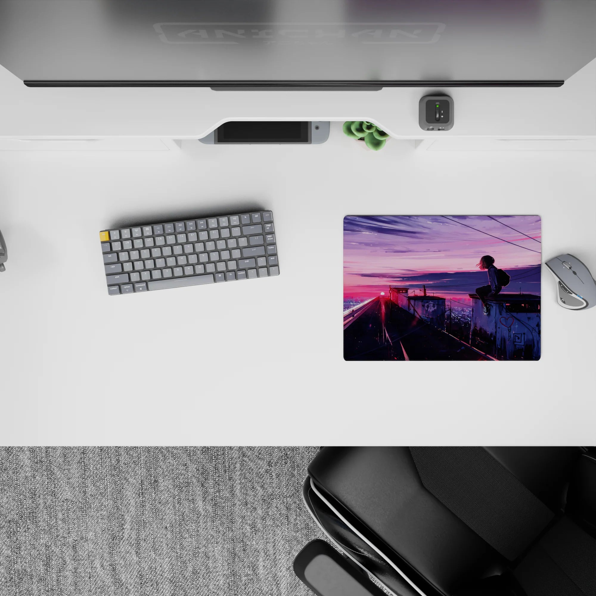 Neon pink-to-violet sunset anime mouse pad 14x10 inches, calm late-night city vibe and soft rebellion.