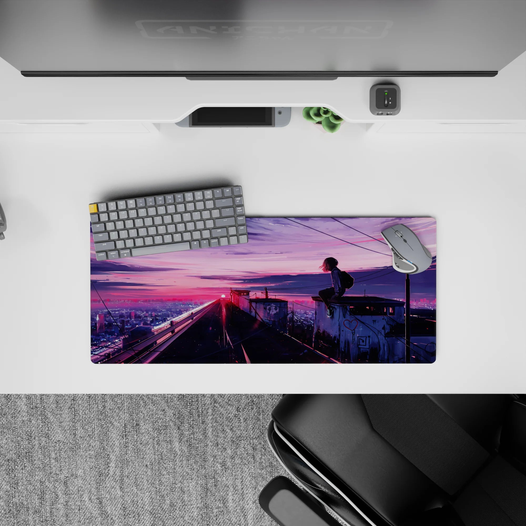 28x12 inches anime mouse pad in neon pink-to-violet sunset tones, calm late-night city vibe, soft rebellion.