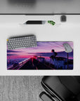 28x12 inches anime mouse pad in neon pink-to-violet sunset tones, calm late-night city vibe, soft rebellion.