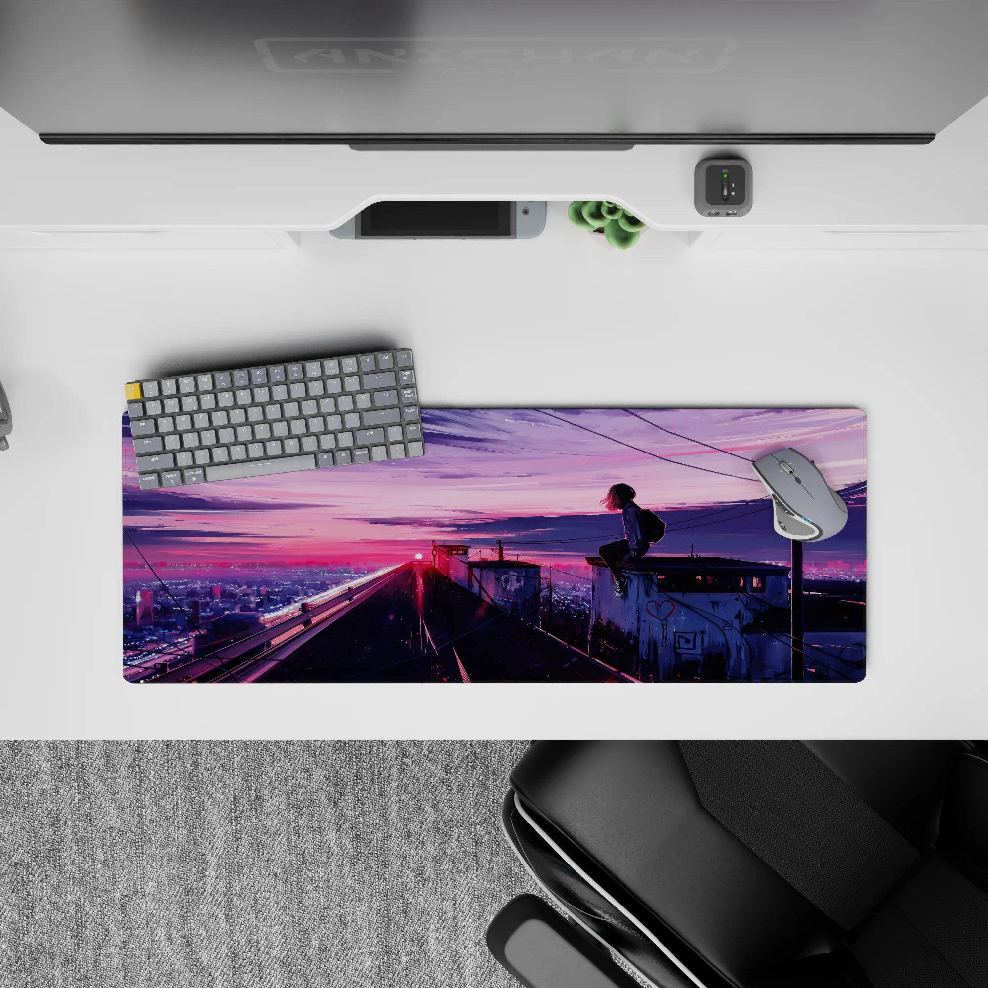 32x12 inches anime mouse pad in neon pink and violet sunset tones, calm late-night city vibe with soft rebellion.