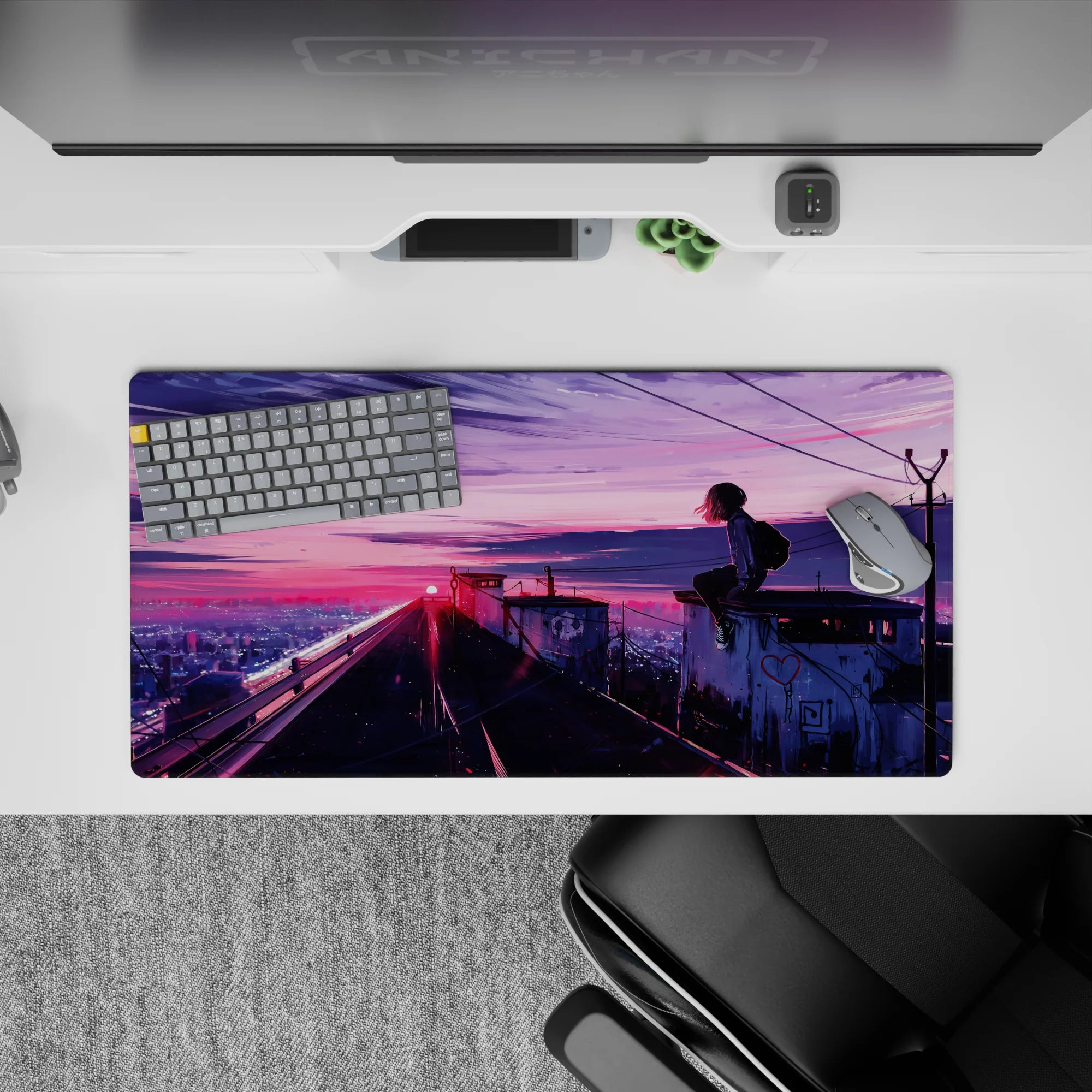 32x16 inches anime mouse pad in neon pink and violet sunset tones, calm late-night city vibe.