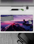 32x16 inches anime mouse pad in neon pink and violet sunset tones, calm late-night city vibe.
