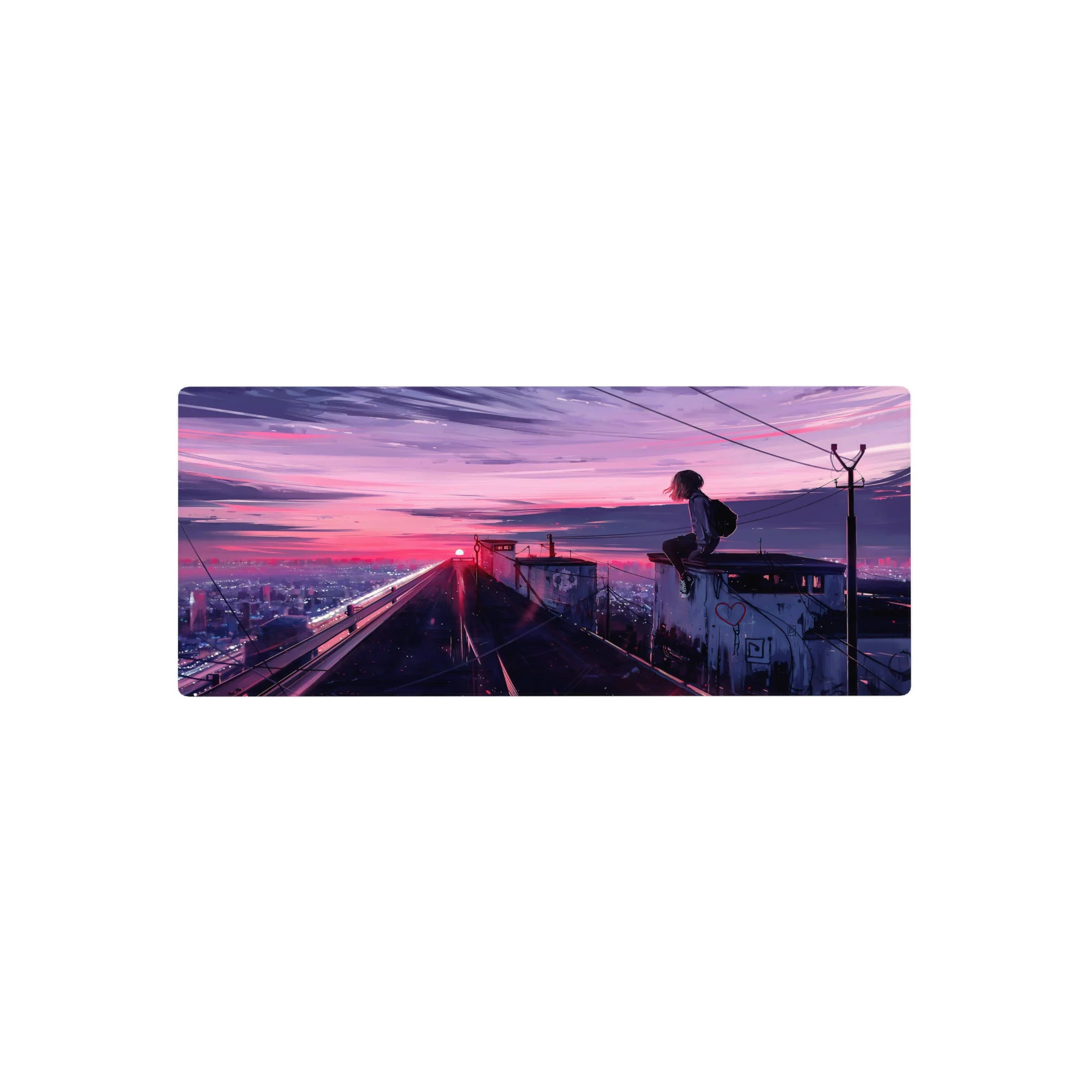 28x12 inches anime mouse pad with rooftop schoolgirl, neon sky, city lights, power lines, graffiti hearts.