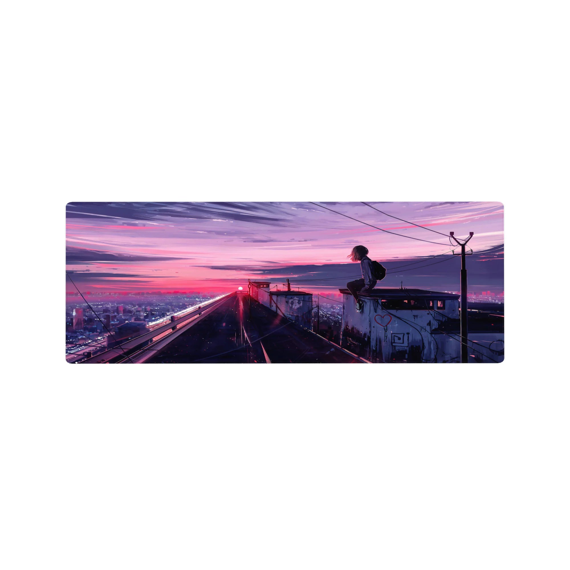 32x12 inches anime mouse pad with rooftop schoolgirl, city lights, power lines, and graffiti hearts at dusk.
