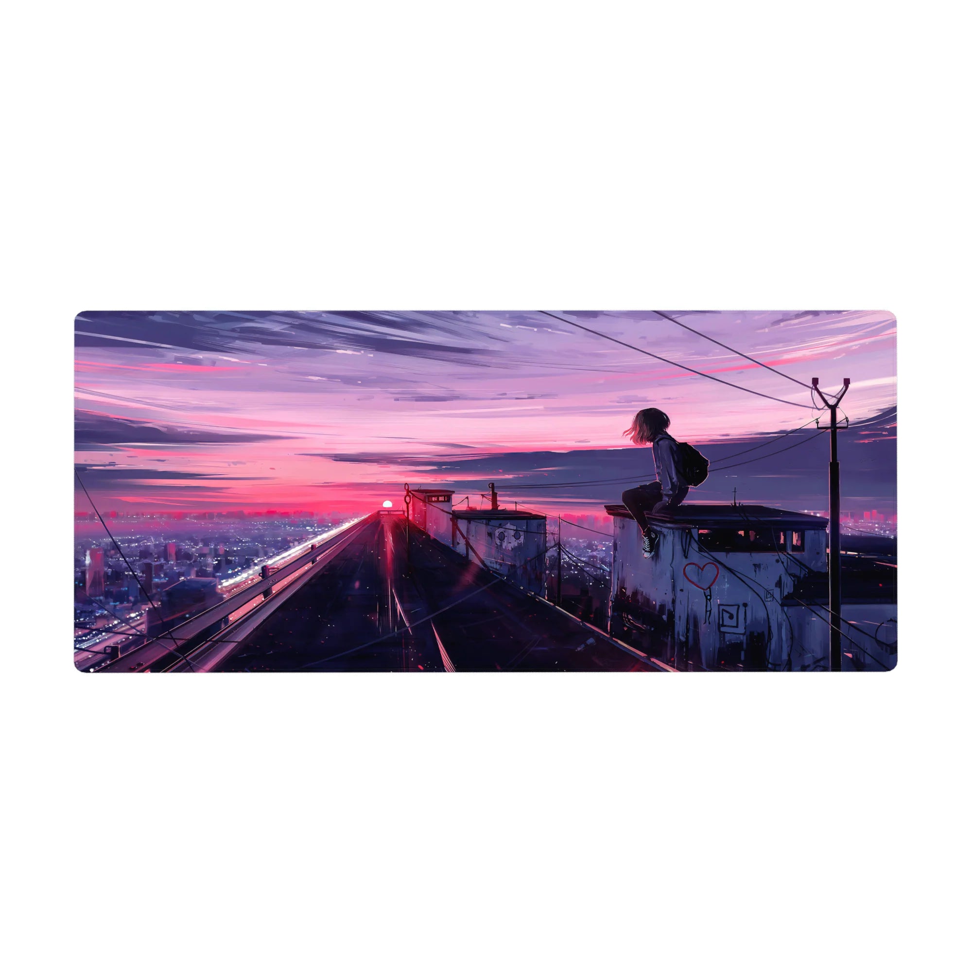 Anime rooftop cityscape desk pad 36x16 inches with schoolgirl, neon sky, power lines, graffiti doodles.