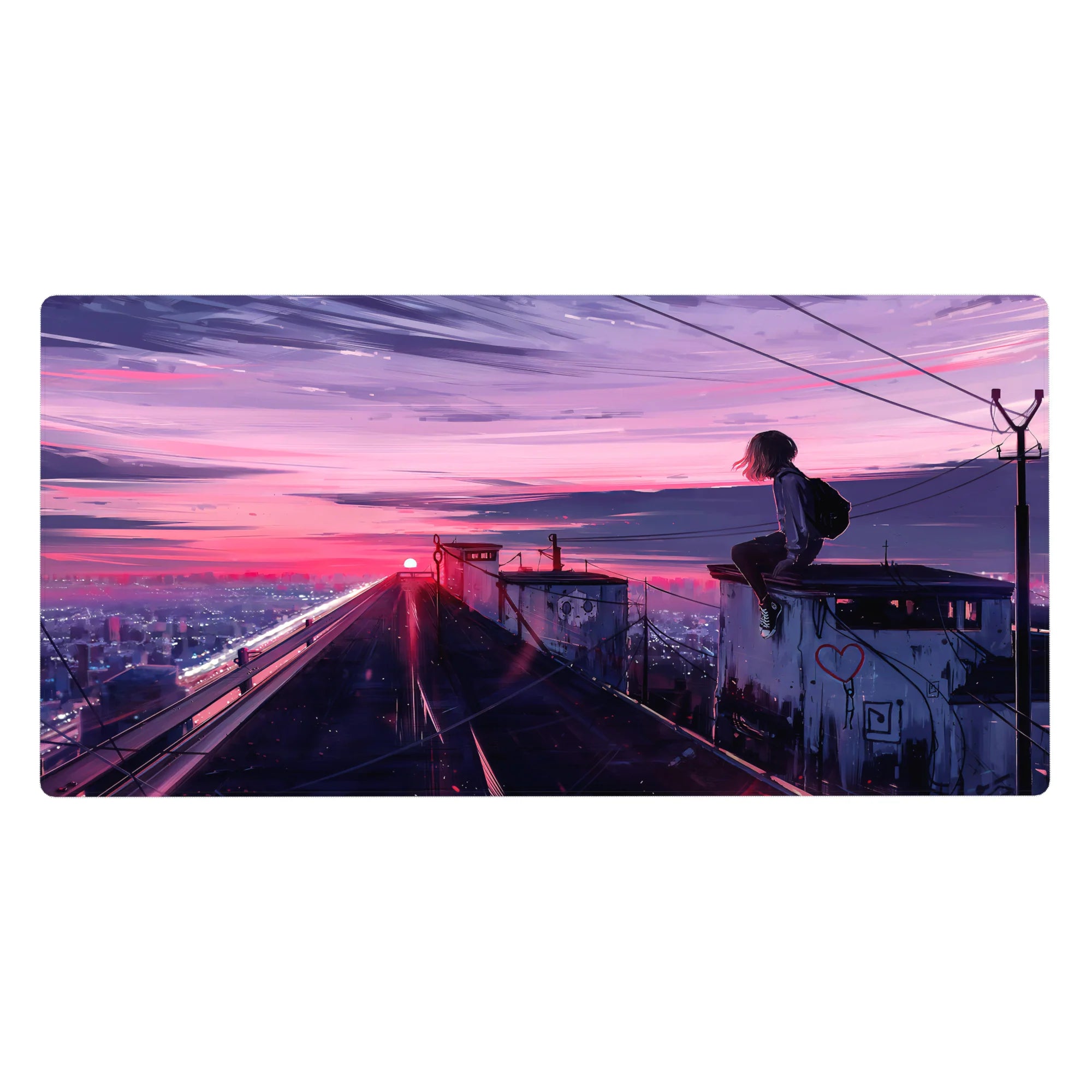 Anime rooftop cityscape desk pad 40x20 inches with graffiti hearts, power lines, and neon sky.