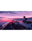 Anime rooftop cityscape desk pad 40x20 inches with graffiti hearts, power lines, and neon sky.
