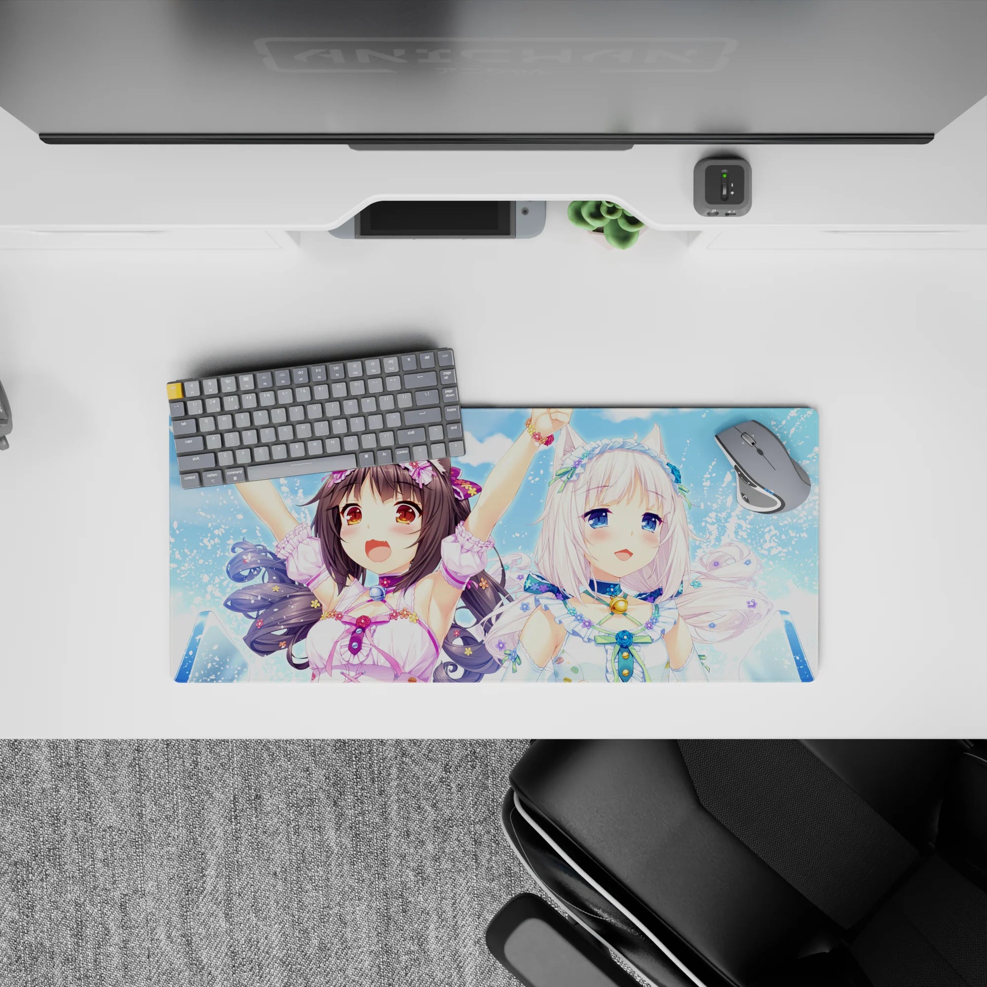 28x12 inches kawaii desk mat in soft sky blues and bright pastels, sparkly splash patterns, cute flirty vibe.