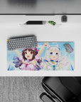 28x12 inches kawaii desk mat in soft sky blues and bright pastels, sparkly splash patterns, cute flirty vibe.