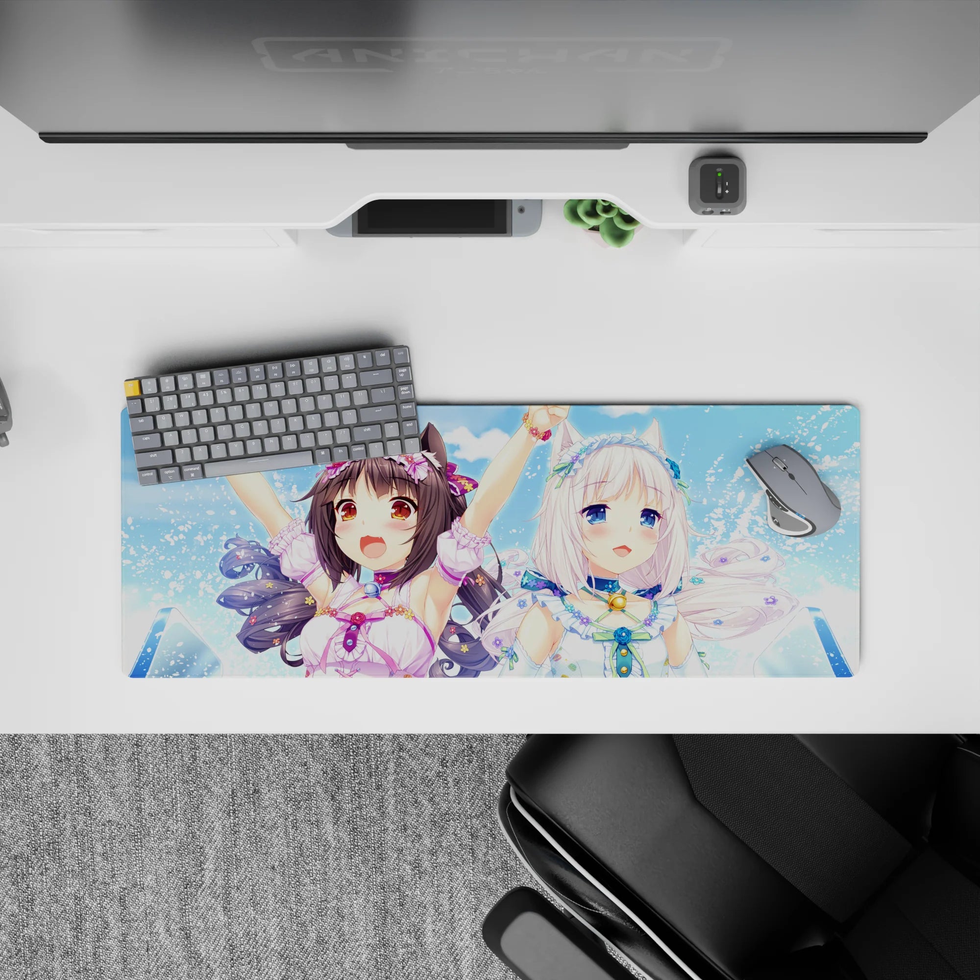32x12 inches anime girl mouse pad in soft sky blues and bright pastels, cute flirty summer vibe.