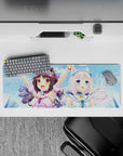 32x12 inches anime girl mouse pad in soft sky blues and bright pastels, cute flirty summer vibe.