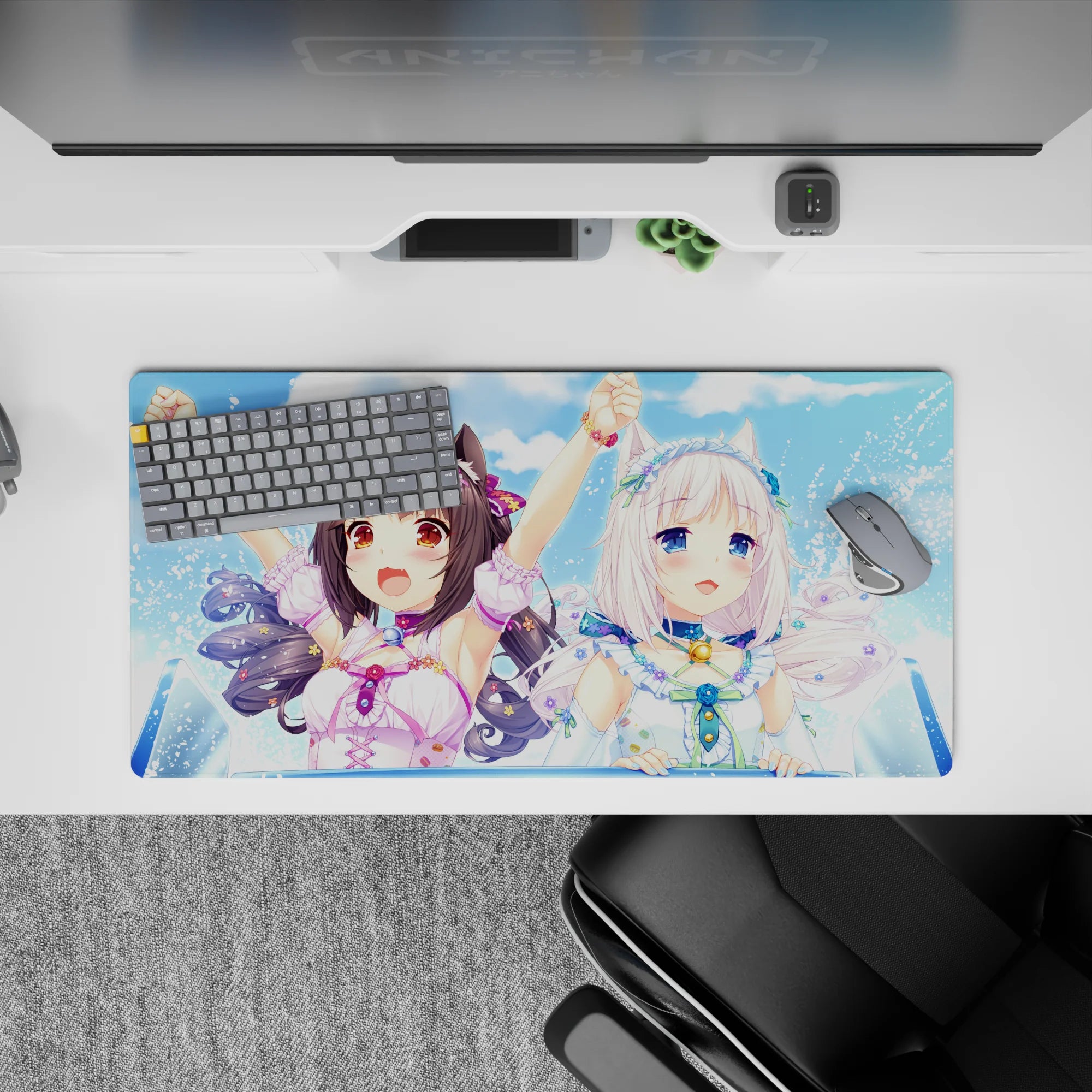 32x16 inches kawaii desk mat in soft sky blues and bright pastels, summer vibe with cute flirty style.