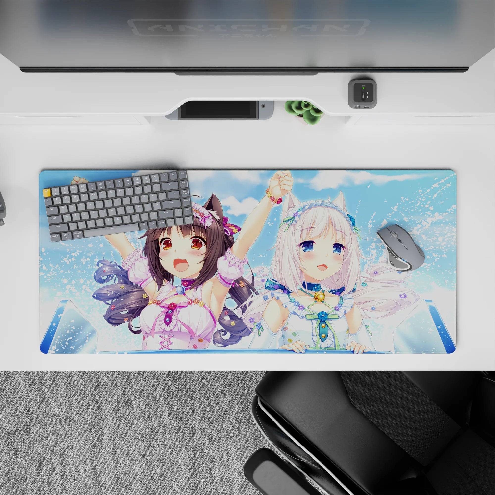 36x16 inches anime desk pad in soft sky blues and bright pastels, cute summer vibe, vivid colors.