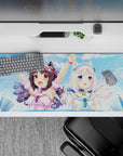 36x16 inches anime desk pad in soft sky blues and bright pastels, cute summer vibe, vivid colors.