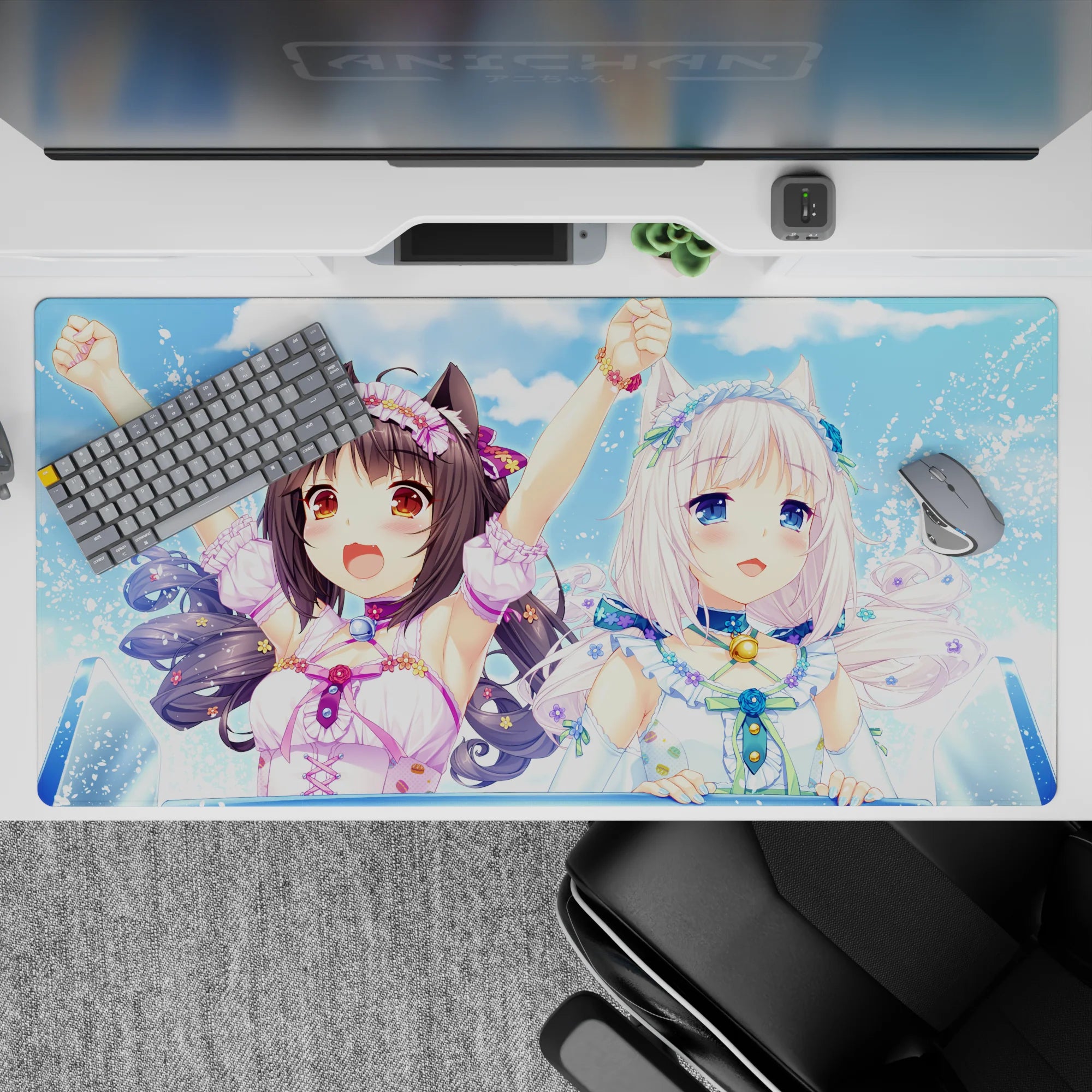 40x20 inches pastel blue anime desk pad, bright summer vibe with soft sky tones and sparkly splashes.
