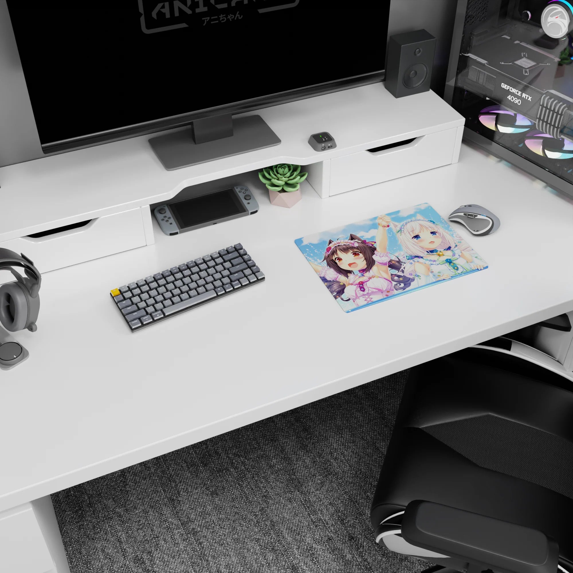 Nekopara Chocola and Vanilla smiling on anime mouse pad 14x10 inches with sparkling splash background.