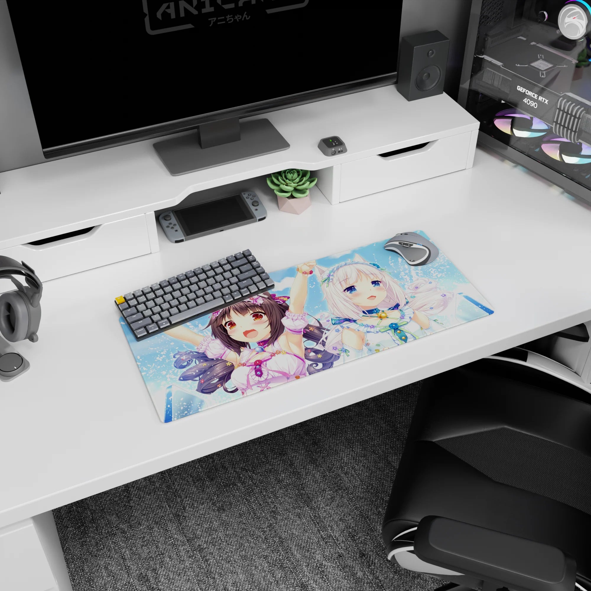 28x12 inches Nekopara-style mouse pad featuring Chocola and Vanilla smiling in a sunny, splashy scene.