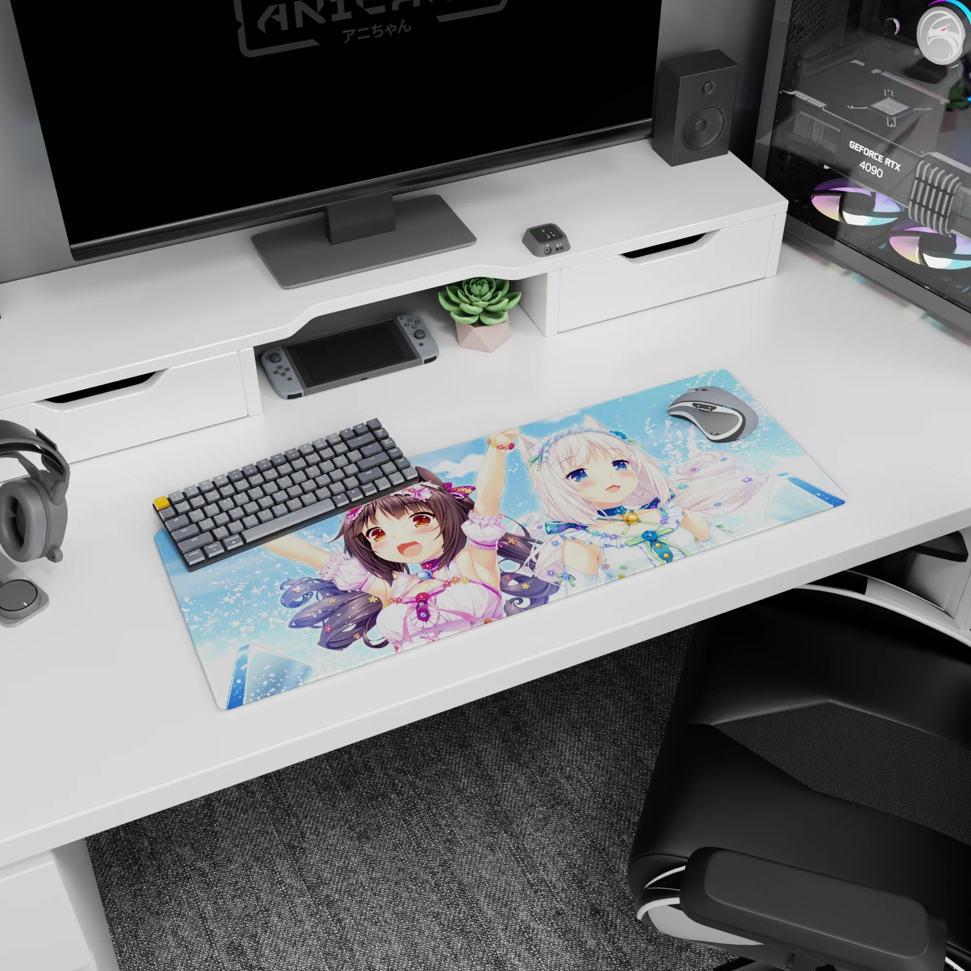 32x12 inches Nekopara Chocola and Vanilla mouse pad, both smiling on a sparkling splash backdrop.