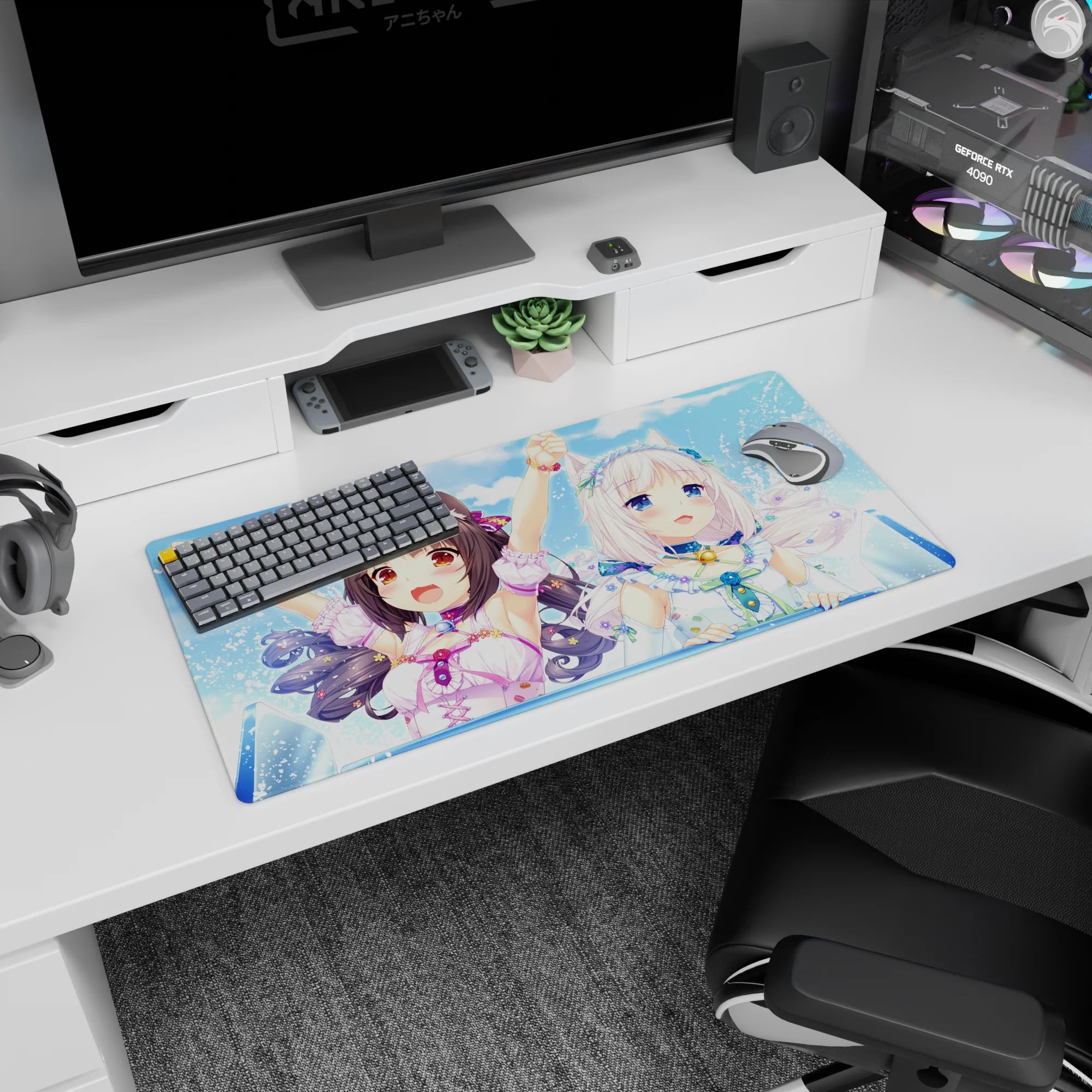 32x16 inches Nekopara mouse pad featuring Chocola and Vanilla smiling against a bubbly blue backdrop.