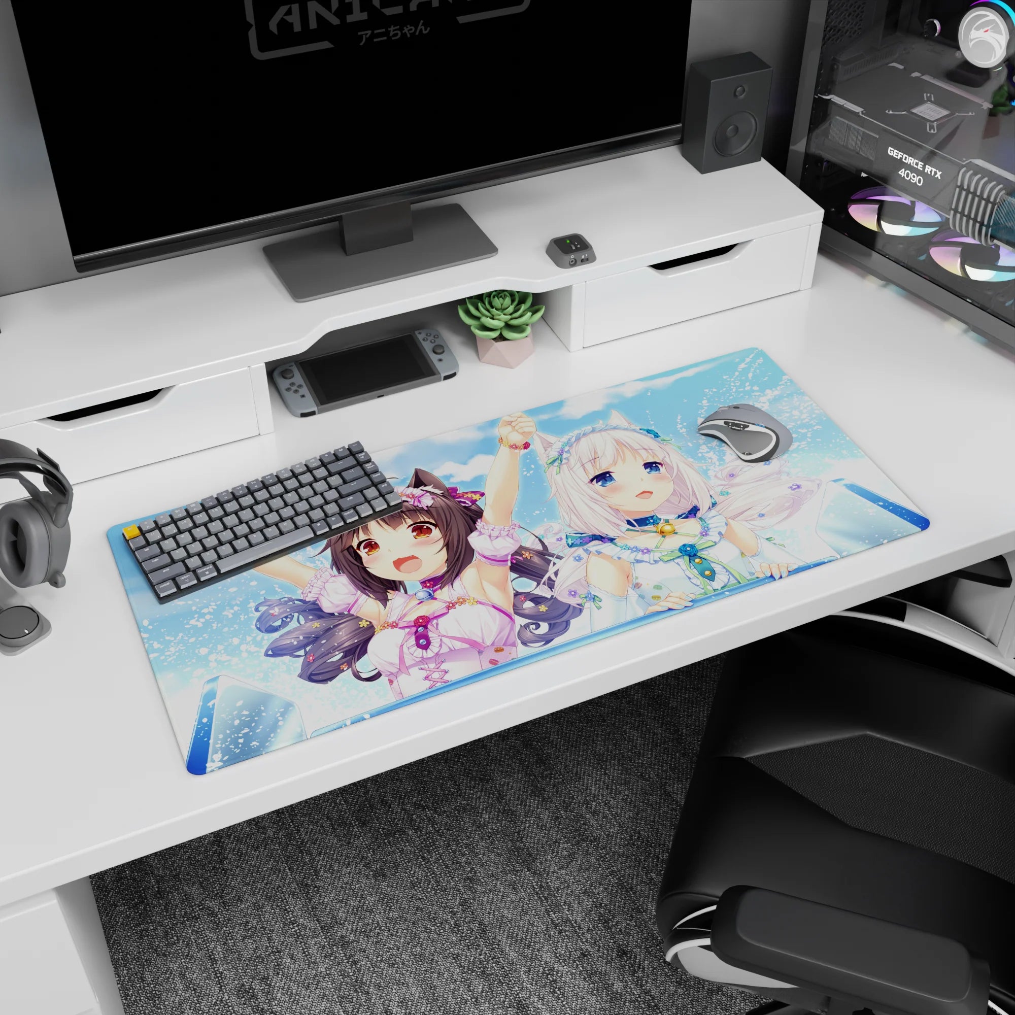 36x16 inches Nekopara-style desk pad featuring Chocola and Vanilla smiling in a splashy summer scene.