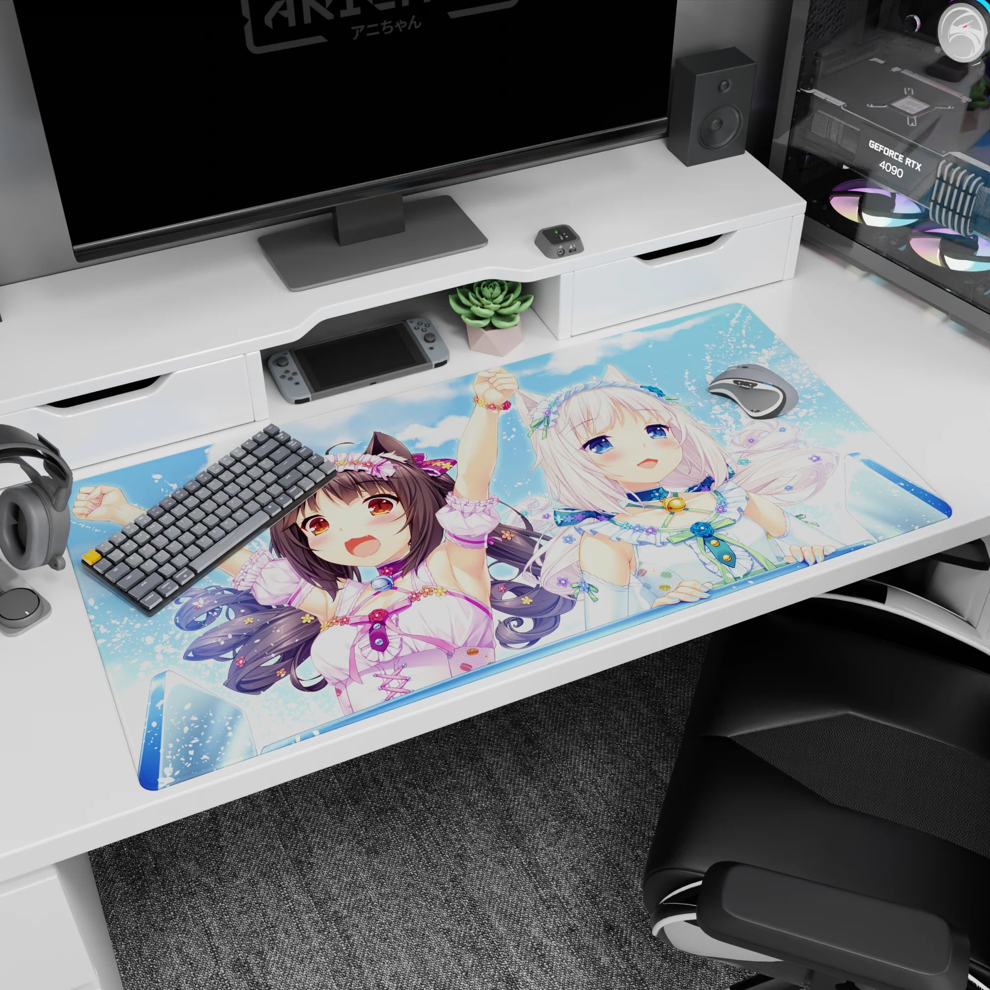 40x20 inches Nekopara-style desk pad featuring Chocola and Vanilla smiling in a cute flirty scene.