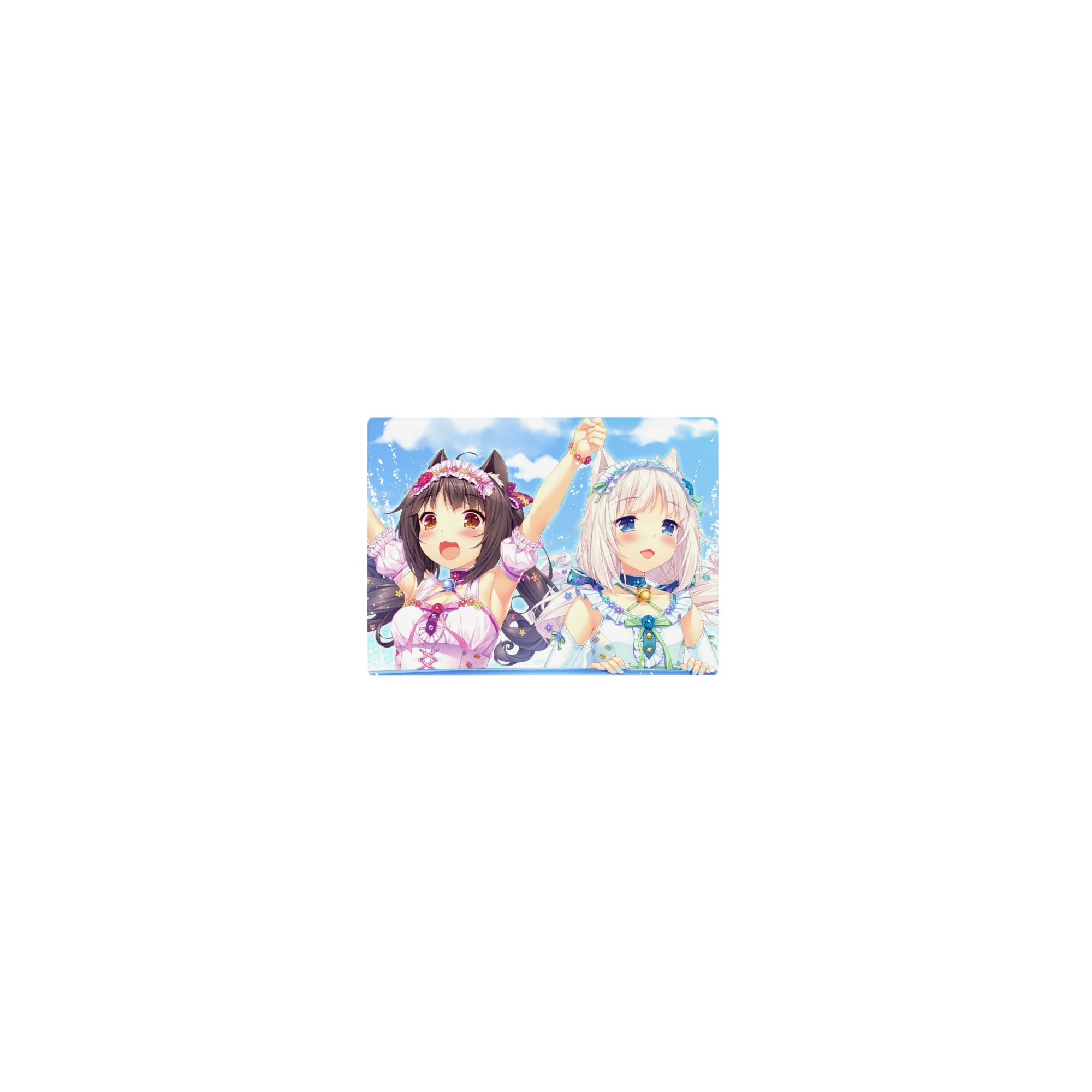 Classic anime girl mouse pad 14x10 inches with cat ears, pastel ribbons, and splashy summer backdrop.