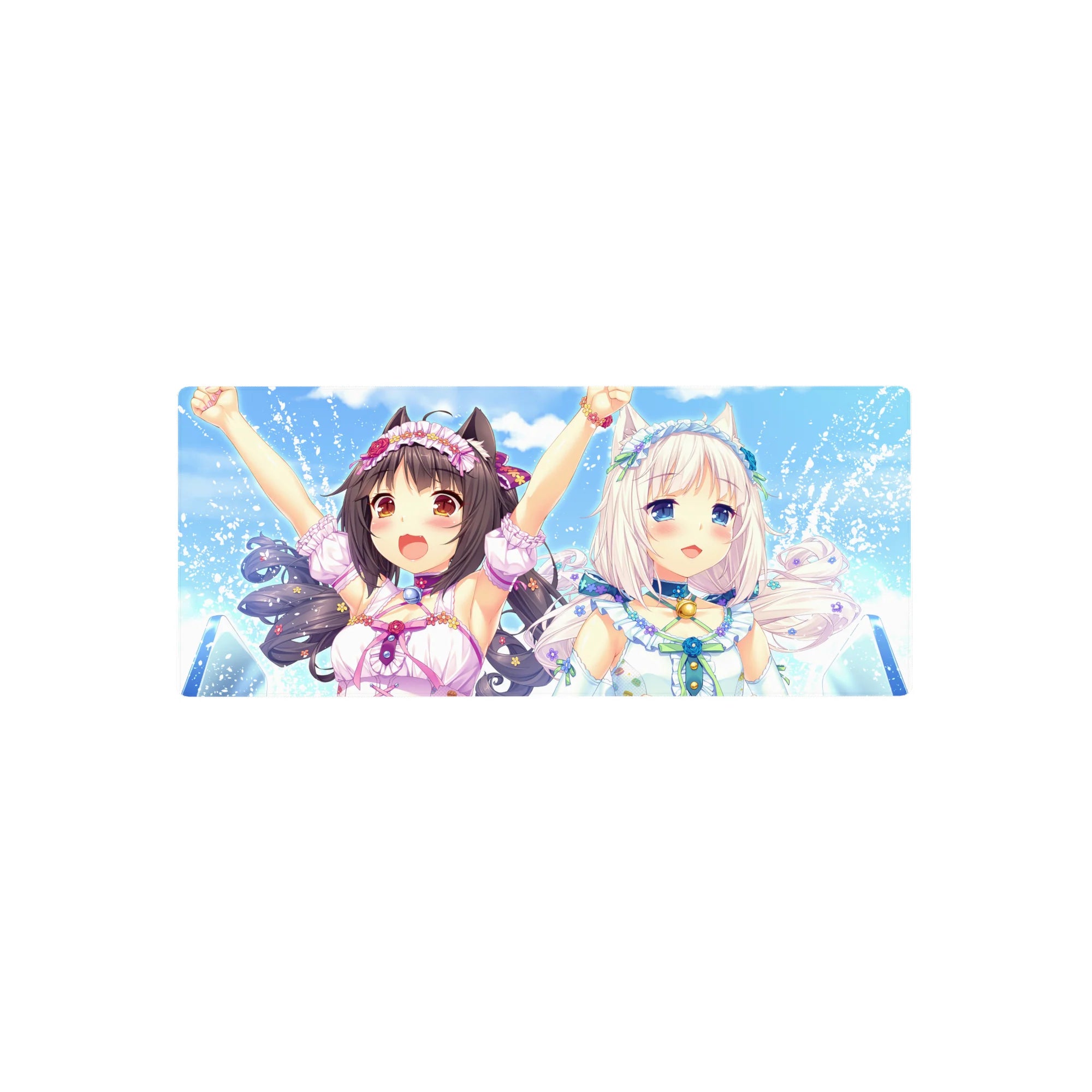 28x12 inches anime girl mouse pad with catgirls, pastel ribbons, cat ears, and splashy summer backdrop.