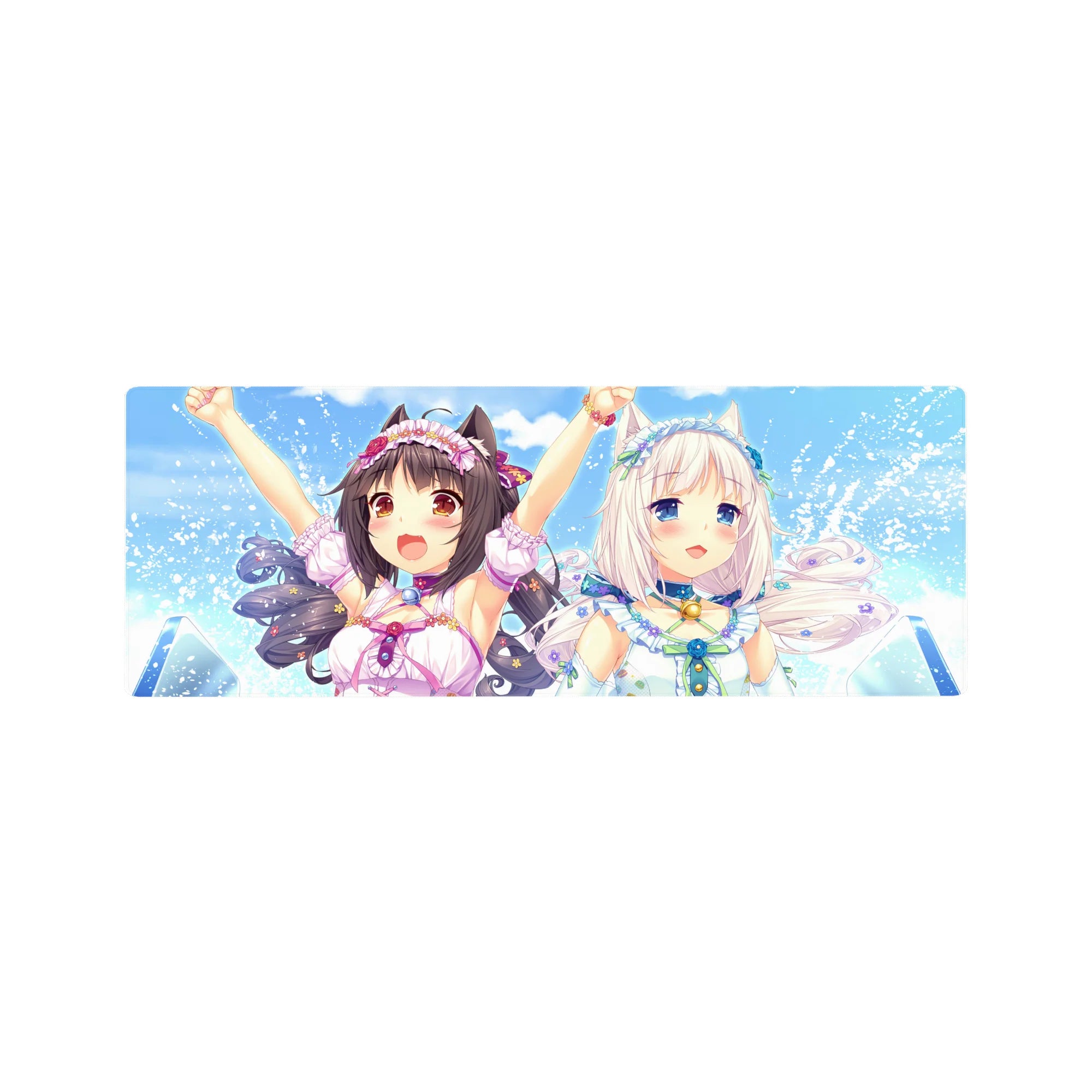 32x12 inches anime girl mouse pad with cat ears, pastel ribbons, and splashy summer background.