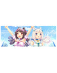 32x12 inches anime girl mouse pad with cat ears, pastel ribbons, and splashy summer background.