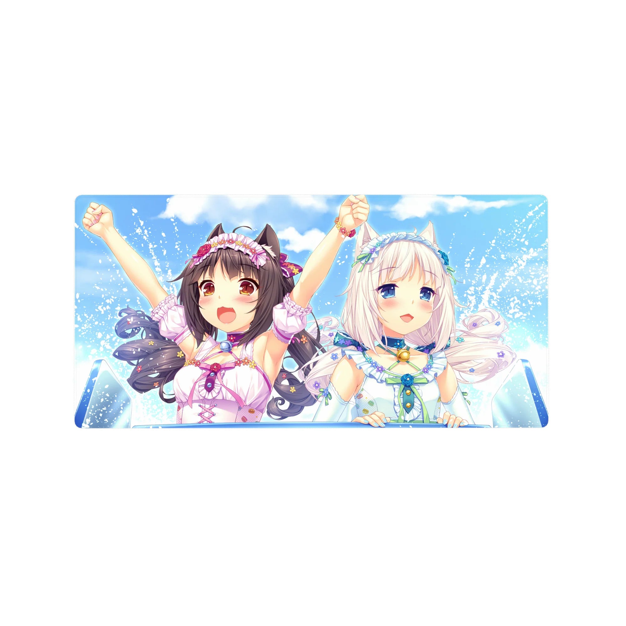32x16 inches anime girl mouse pad with cat ears, pastel ribbons, and sparkling splash background.