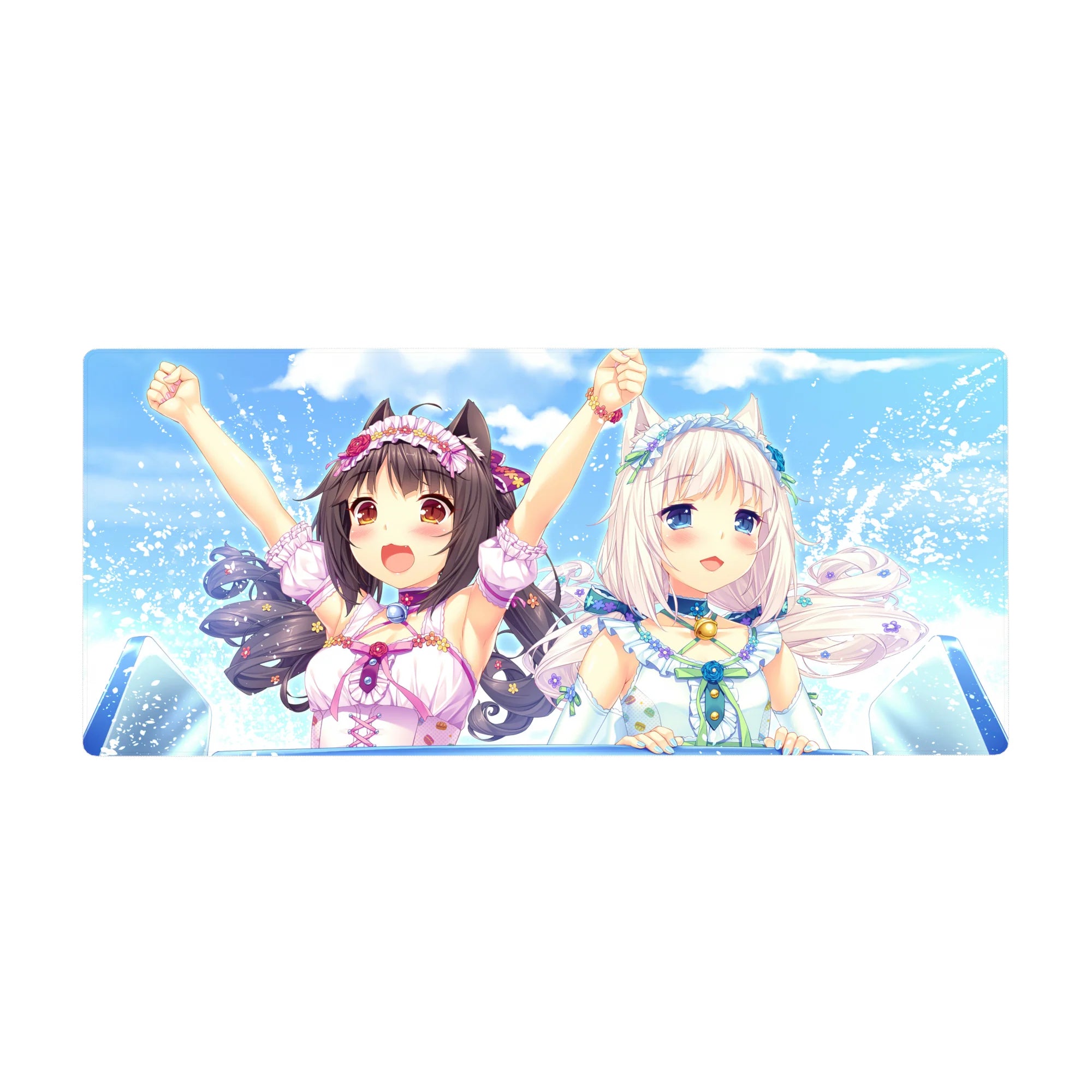 36x16 inches anime girl desk pad with cat ears, pastel ribbons, and sparkling splash background.