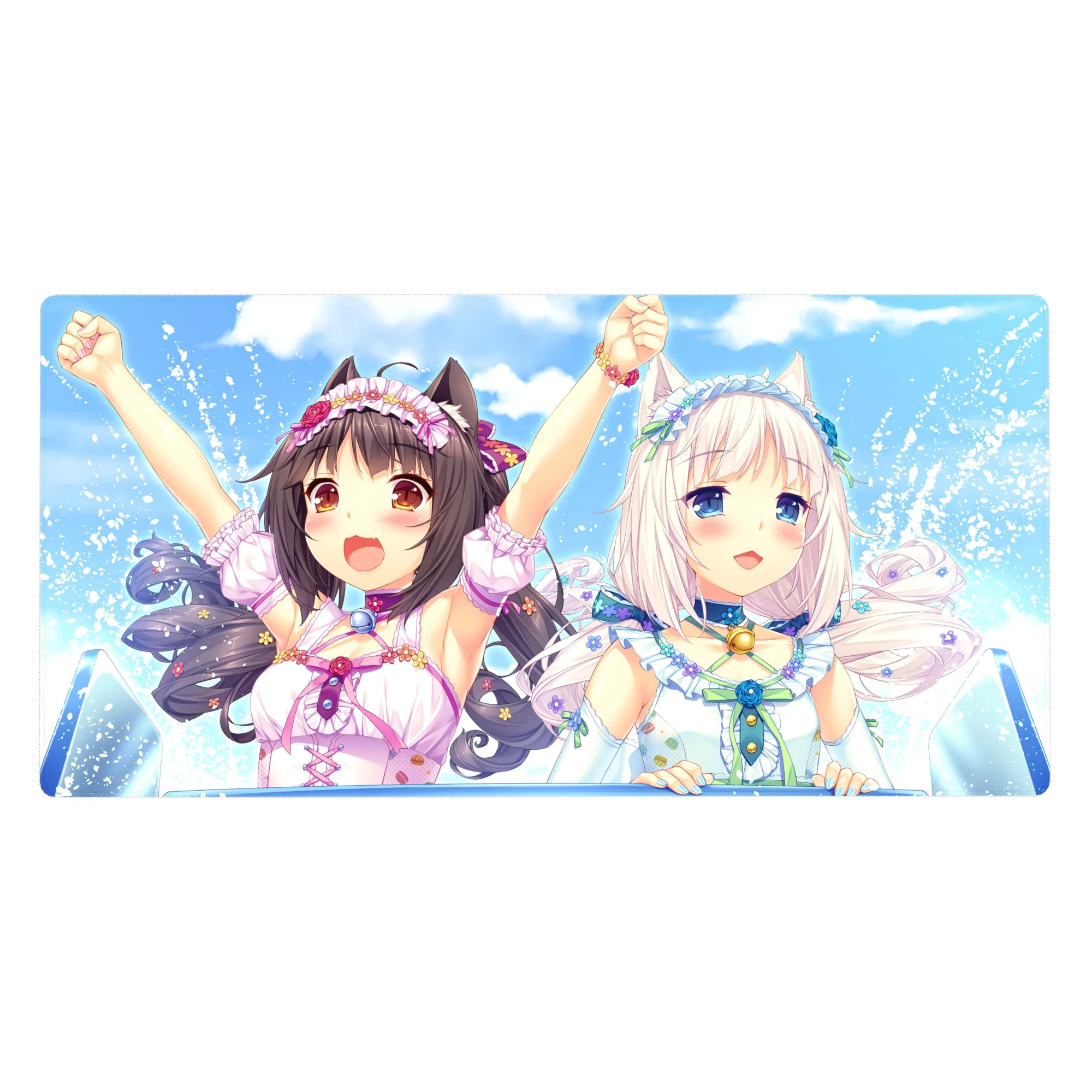 40x20 inches anime girl desk pad with cat ears, pastel ribbons, and sparkling splash background.