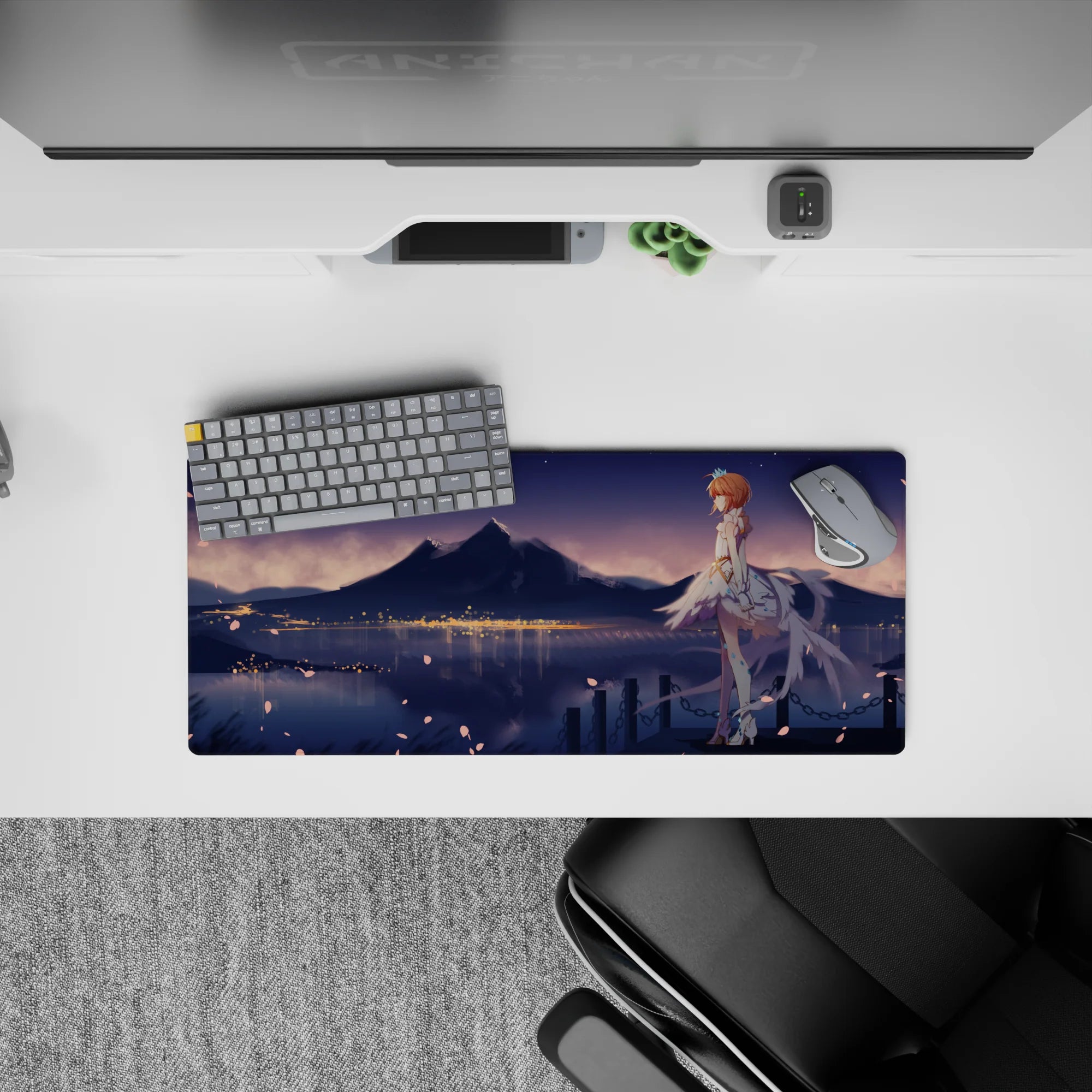28x12 inches pastel blue and warm gold mouse pad, dreamy starry night by a quiet lake, romantic vibe.