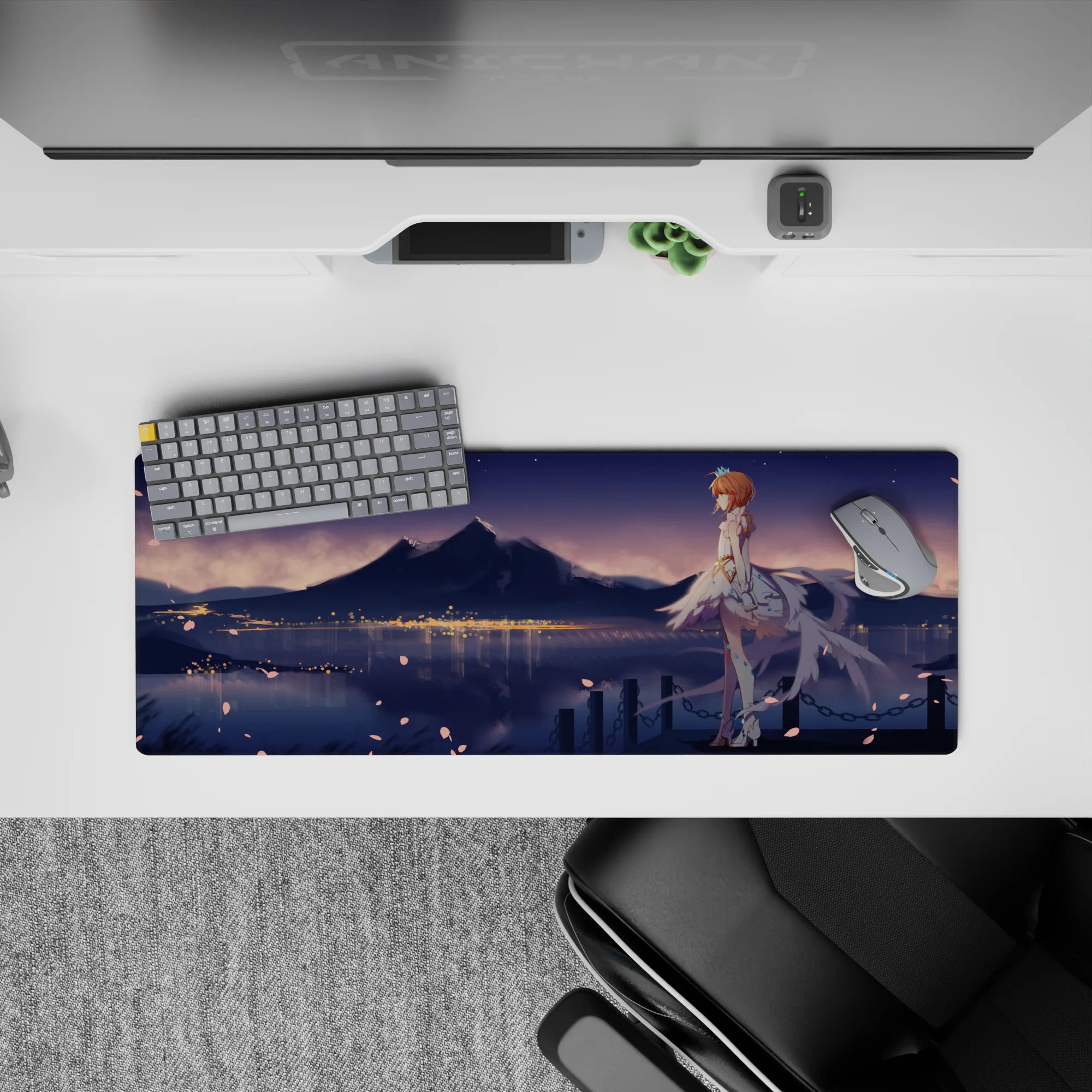 32x12 inches anime girl mouse pad in pastel blues and warm golds, dreamy starry night, cozy romantic vibe.